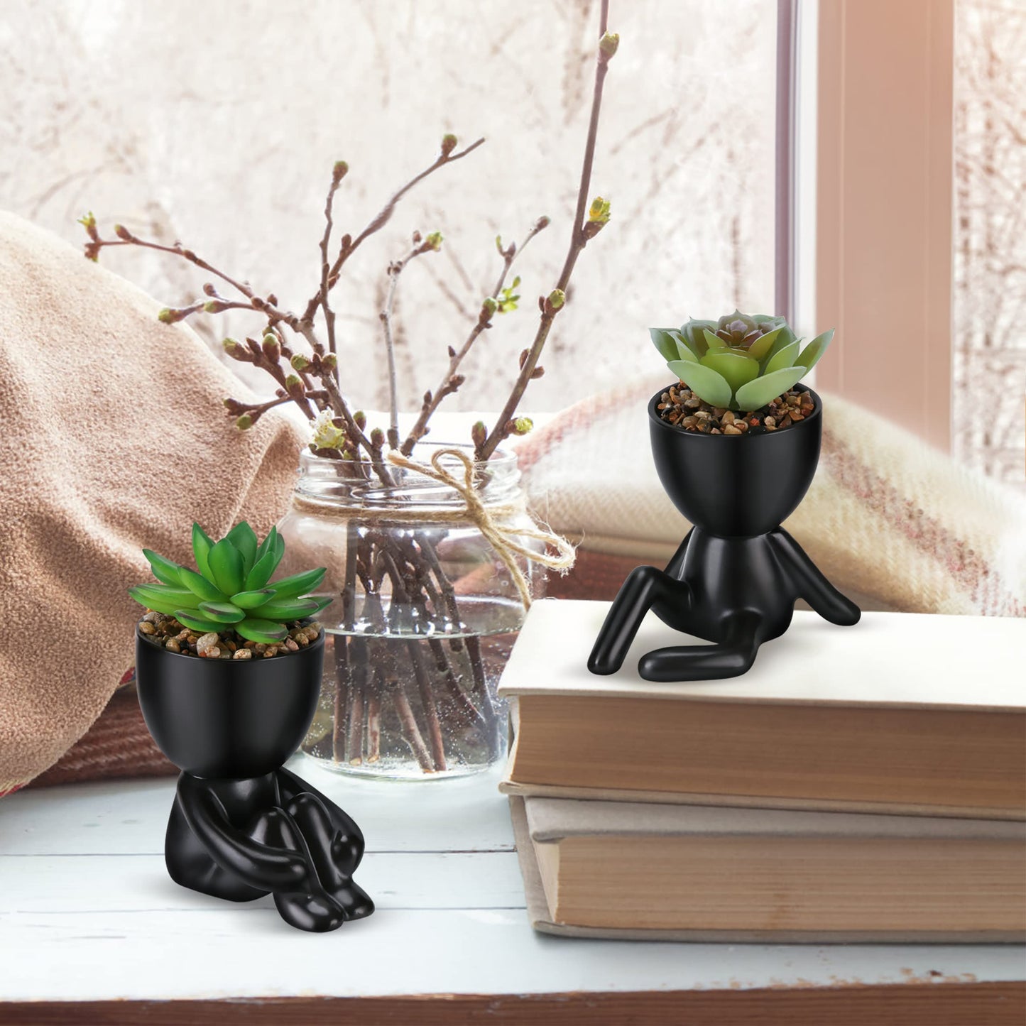 WOODWORD Fake Succulent, Mini Succulents Plants Artificial in Black Modern Human Shaped Ceramic Pots Desk Decor Desk Plant for Office Decor for Women, Cute Fake Plants Bathroom Decor 2PCS