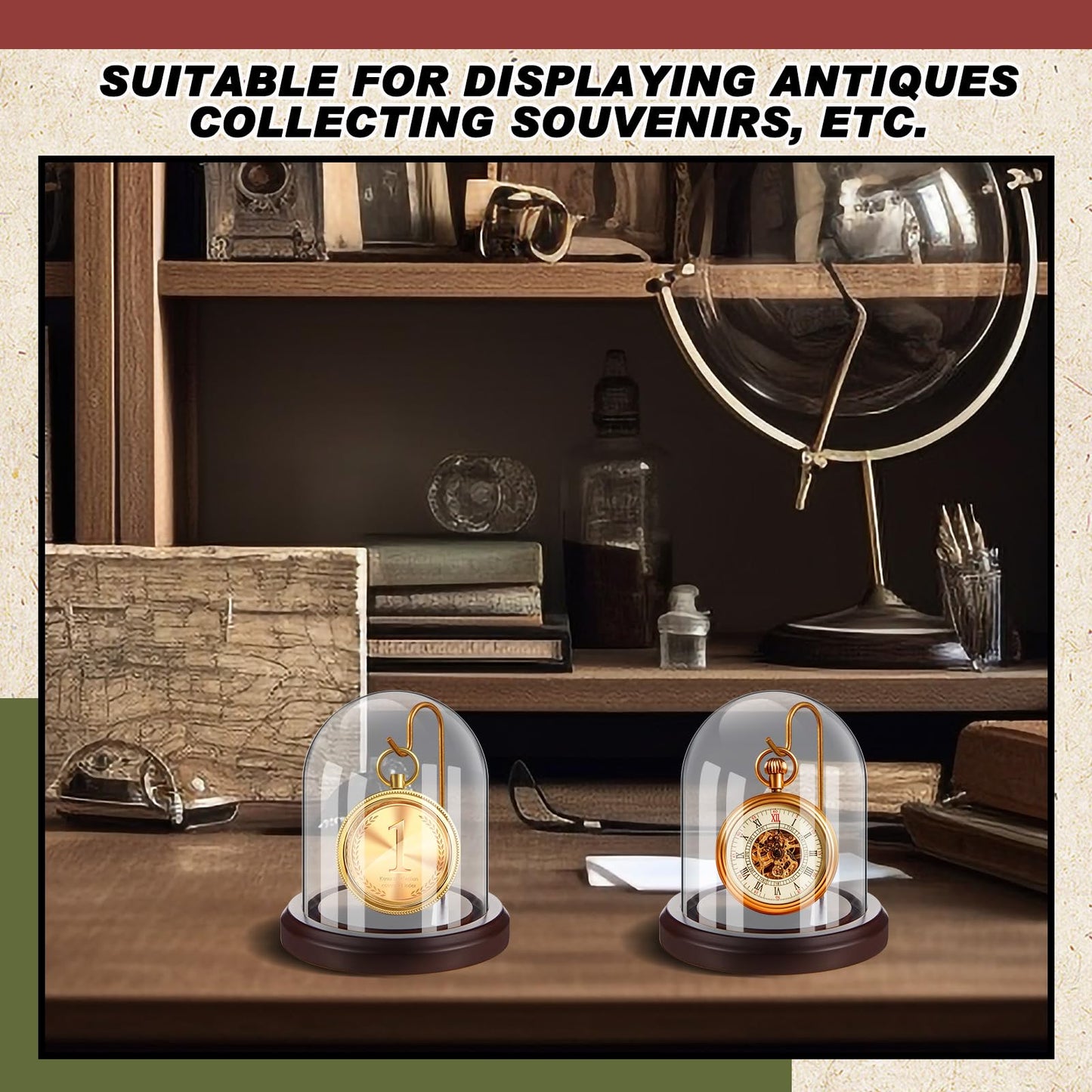 Beeveer 2 Pcs Glass Display Dome, Clear Cloche for Pocket Watch with Wood Base and Hooks, and Display Case for Watch, Medals, Collectibles(Reddish Brown,3" X 4",Dome Style)