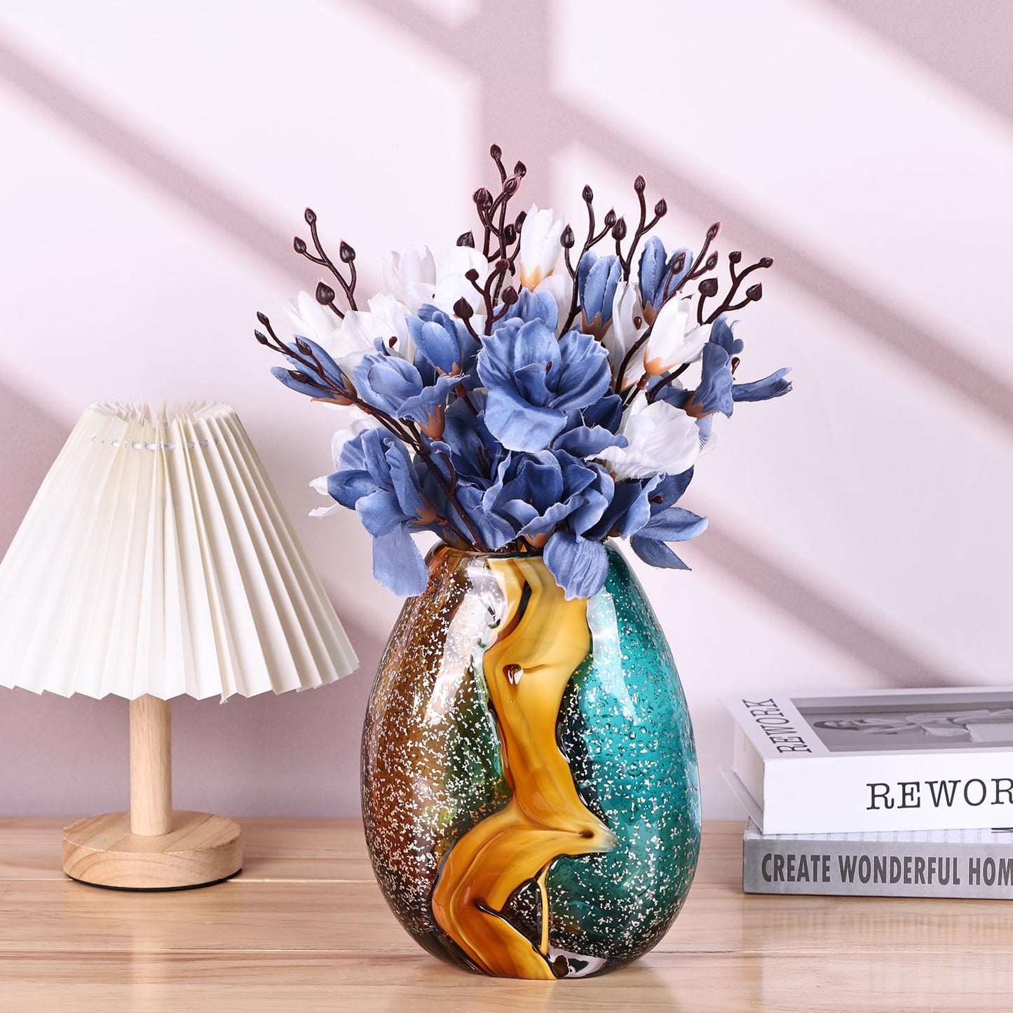 PlivBloom Teal Glass Vase,Hand Blown Green Glass Flower Vases Bulk,Murano Glass Vases,Unique Table Glass Decor, Flowers with Vase Decorative,Teal Vase Decor,for Bookshelf,Living Room,Office,Gift (S)