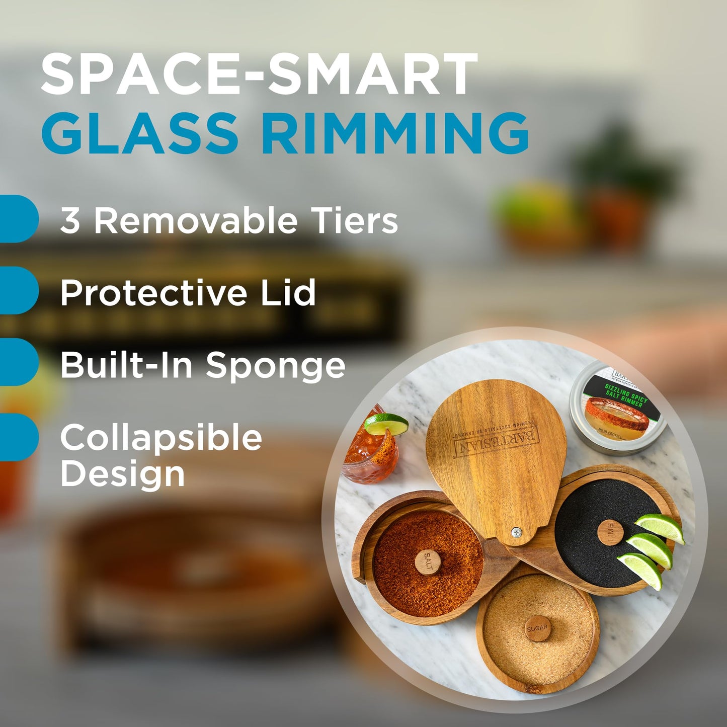 Bartesian Acacia Wood 3-Tier Cocktail Glass Rimmer Set - Luxury Home Bar Tool with Salt, Sugar & Lime Compartments - Professional Margarita and Craft Cocktails Bartender Rimming Station