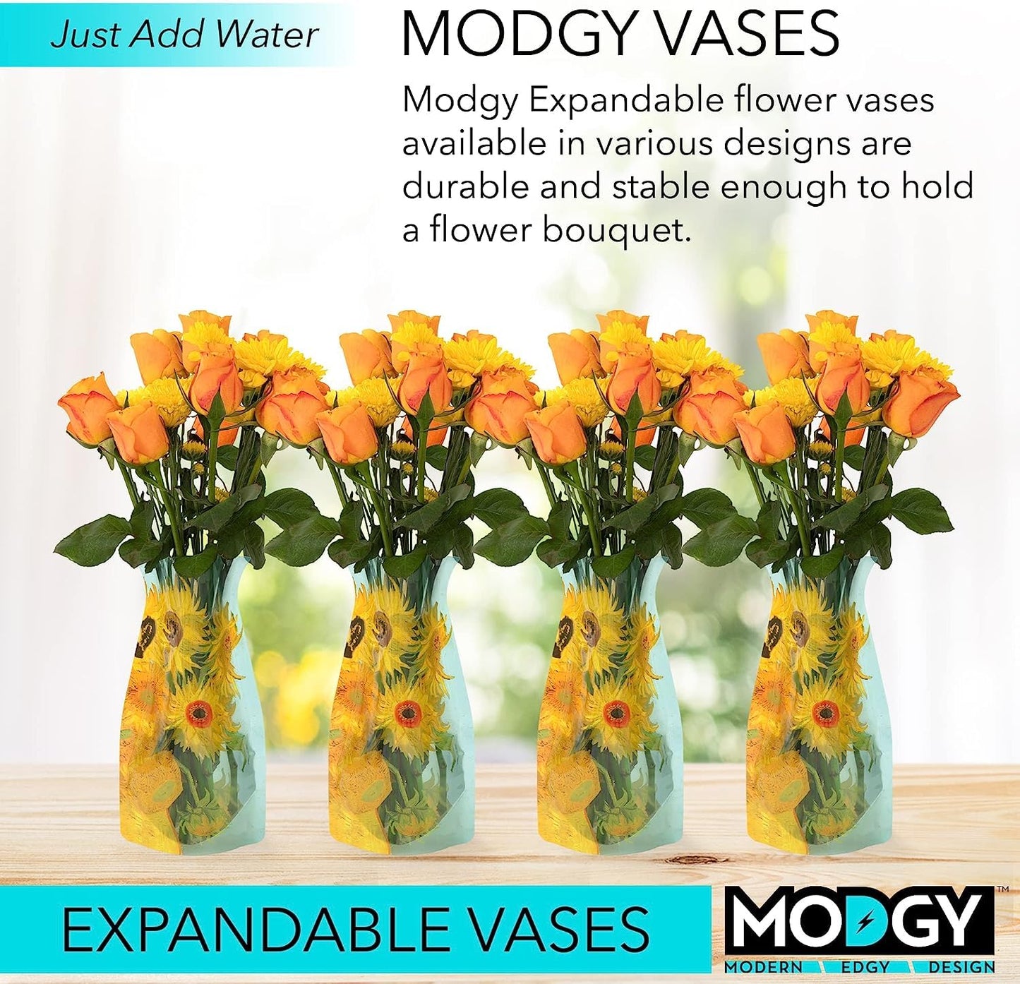 MODGY Expandable Flower Vase, Plastic Decorative Modern Foldable Printed Vases for Centerpieces for Wedding, Dining Table, Home Decor, Living Room, Bathroom, Office, Sunflowers, 4 Pack