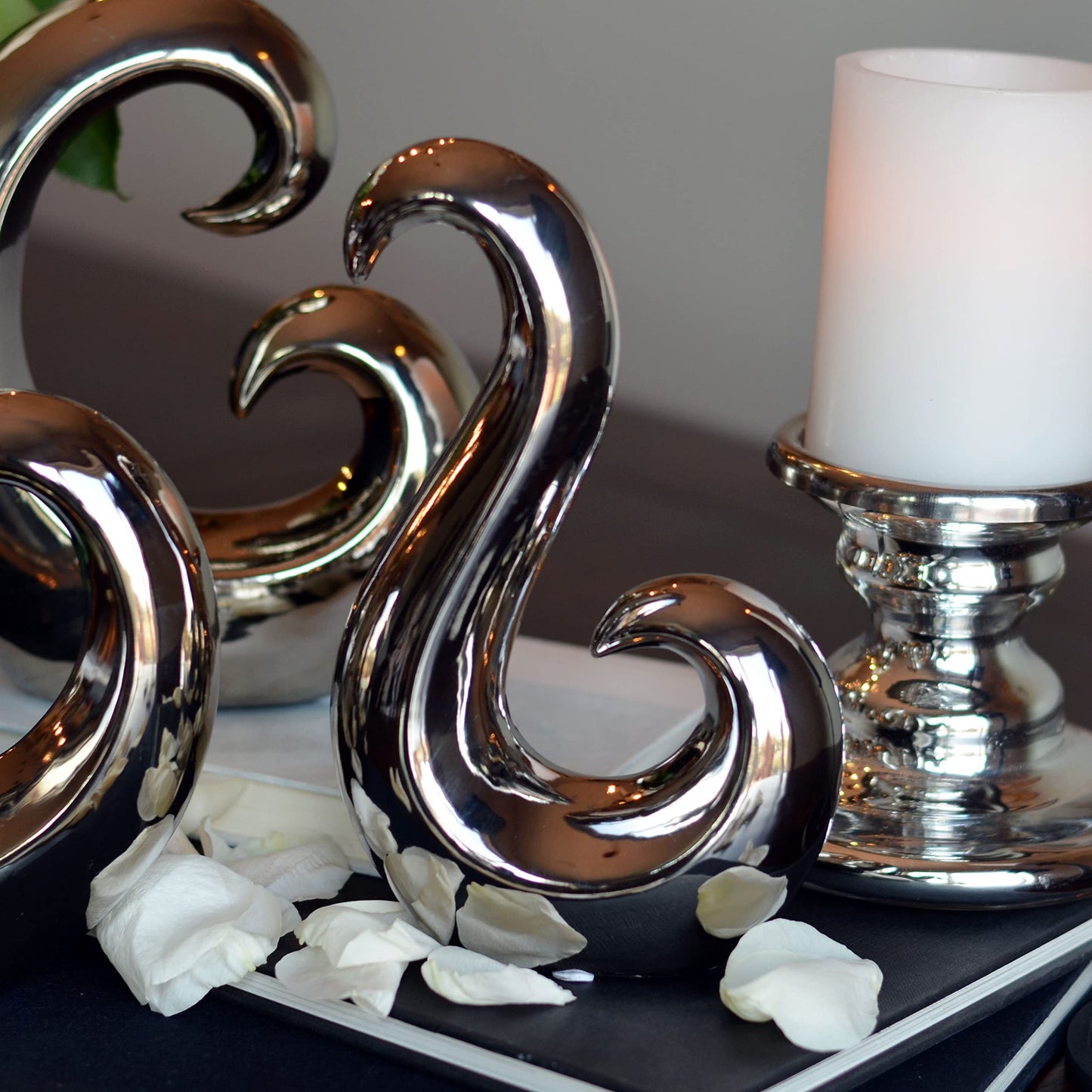 WHW Whole House Worlds Eternity Curl and Wave Sculptures, Set of 3, Decorative Modern Art, Silver Titanium Glazed, High Fired Stoneware, 8.25 Inches