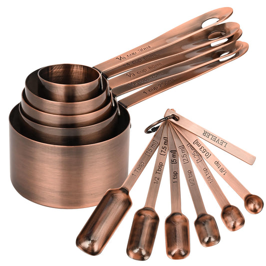 Nstezrne Copper Measuring Cups and Spoons Set, Stainless Steel Measuring Cups and Spoons Set 12, Metal Measuring Cups Set, 5 Measuring Cup Set and 6 Copper Measuring Spoons &Leveler for Kitchen