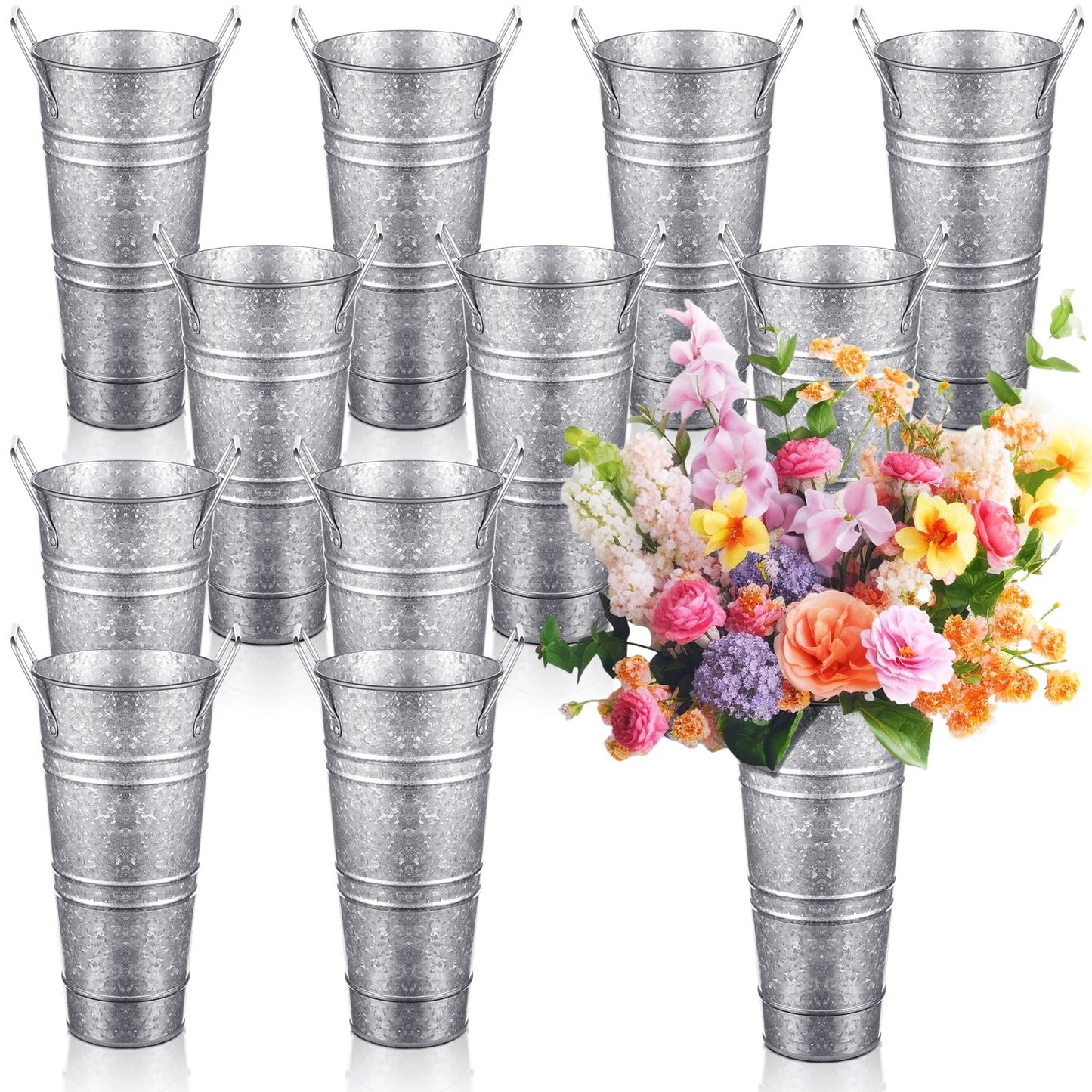 Zhehao 12 PCS 12 Inch Galvanized Metal Vase with Handles Bulk Tin Flower Buckets Galvanized Vases for Flowers Country Wedding Table Centerpieces Metal Flower Buckets for Wedding Home(Matte Silver)