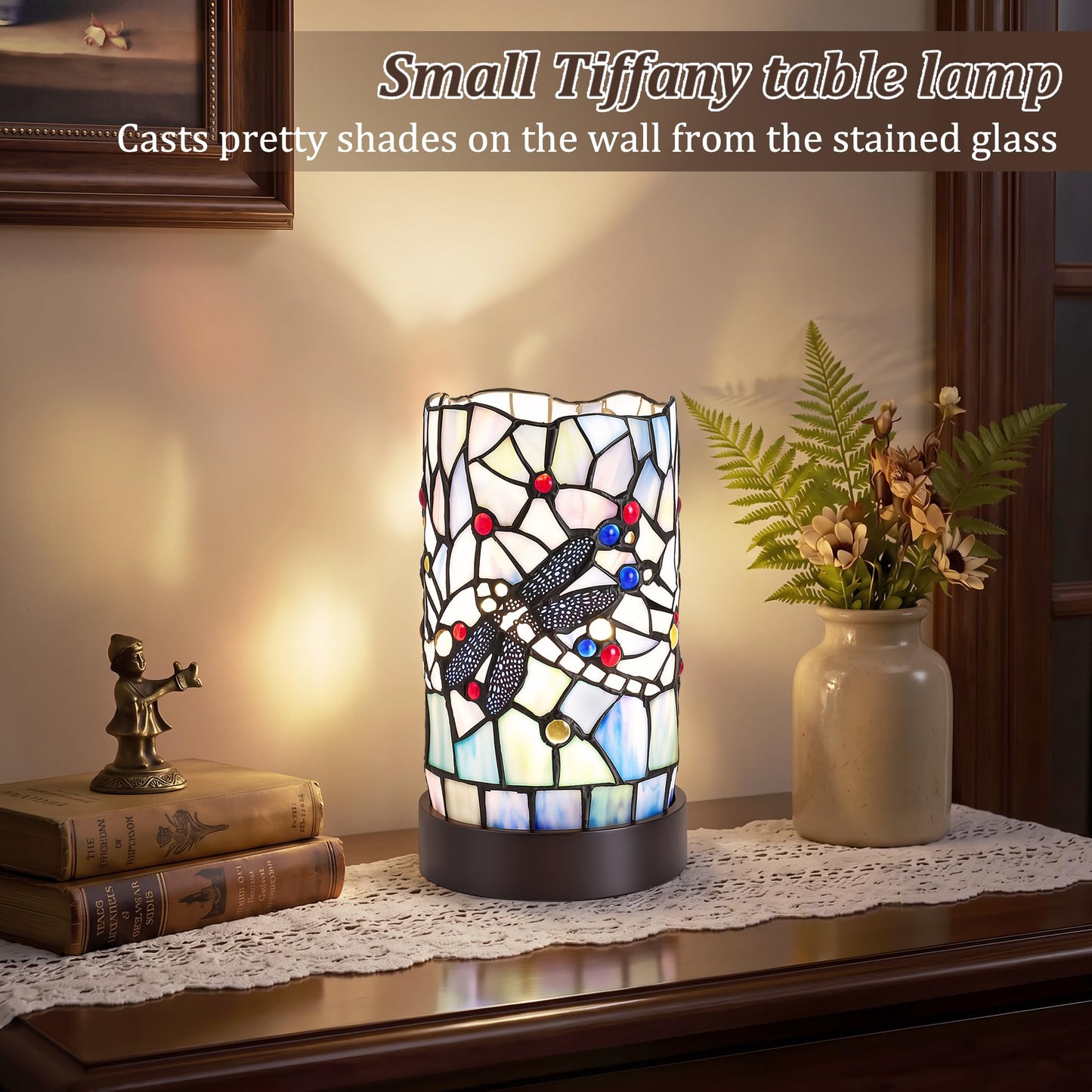 Rynxphera Tiffany Table Lamp, Blue Dragonfly Small Stained Glass Style Lamp