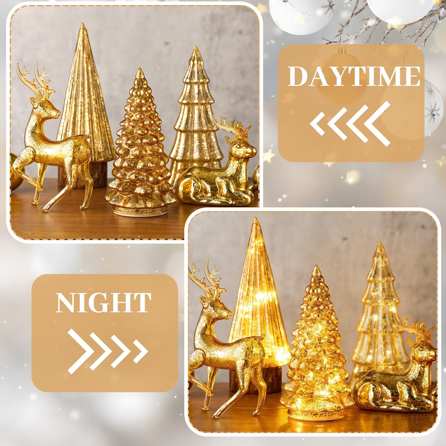 Flutesan 5 Pcs Lighted Mercury Glass Christmas Trees and Reindeer for Tabletop LED Christmas Tree Table Centerpiece Decoration for Home Xmas Party Mantel