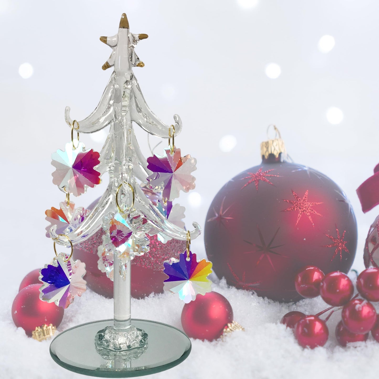 Tabletop Christmas Tree - Spun Glass with Gold Trimmed Star - Includes 9 Iridescent Crystal Snowflake Ornaments - Mirrored Base is 2 3/4" D - Tree is 6" H