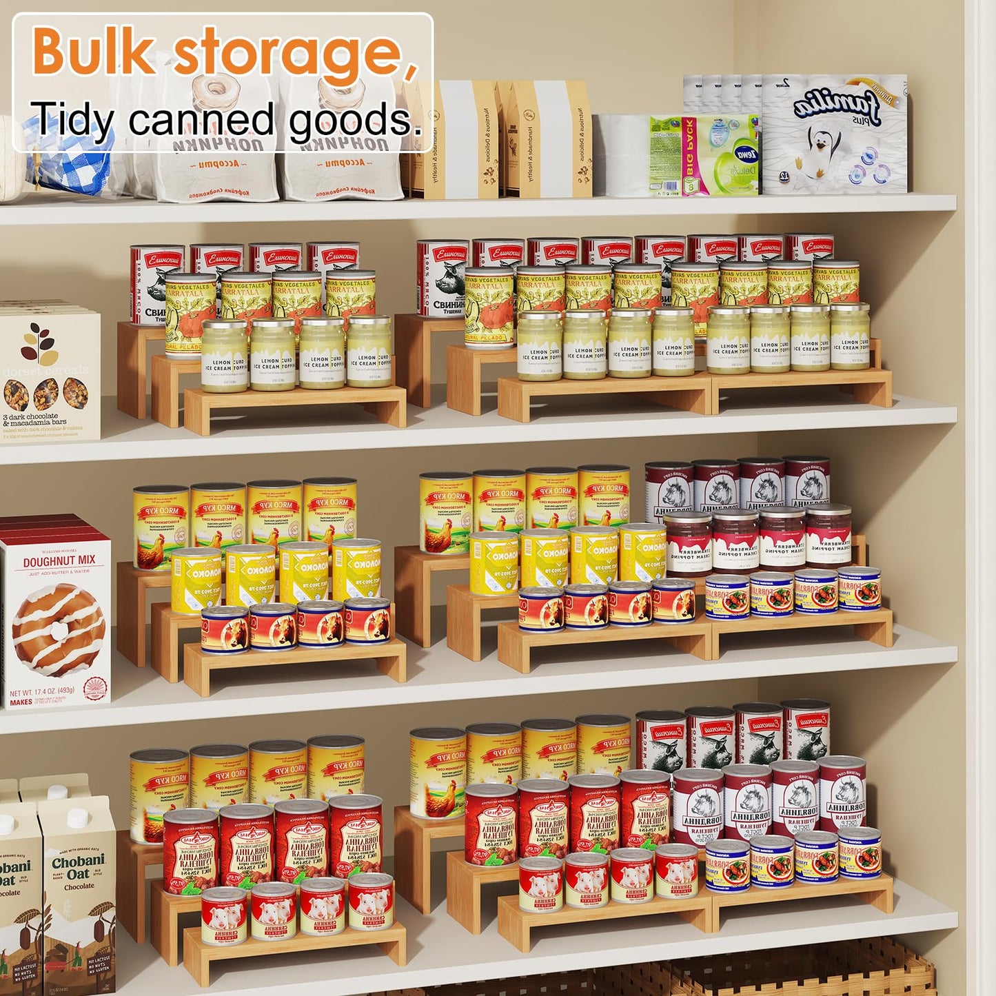 2 Sets Bamboo Can Organizer for Pantry, 3-Tier 6-Piece Adjustable Cabinet Can Display Rack, Soda Can Organizer Holds Up to 31 Cans, Canned Goods Storage Holder for Pantry, Cabinet, Countertop