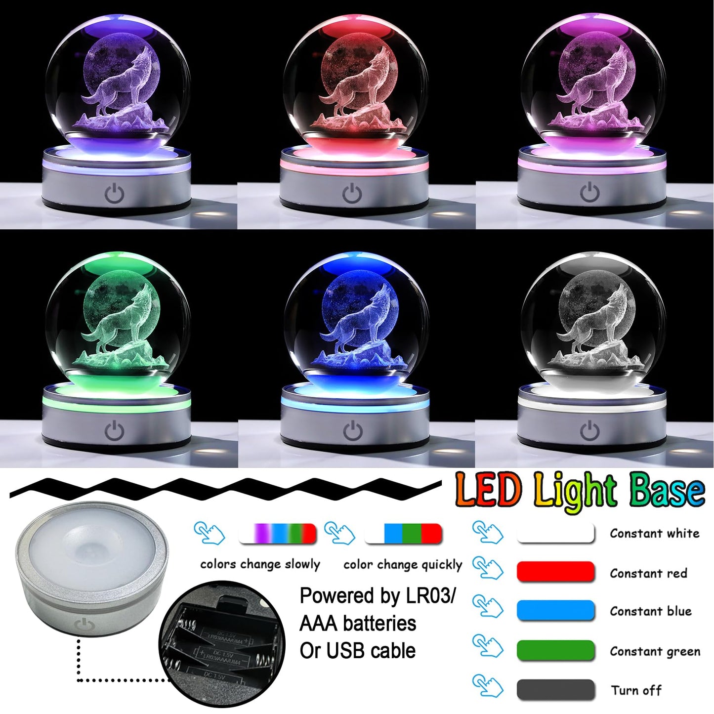 Arikyrist Crystal 3D Wolf 3.15in Ball Figurine Gifts for Men, Collectible Glass Animal Art Sphere for Room with LED Light Base Keepsakes for Wolves Lovers Home Decor Paperweight