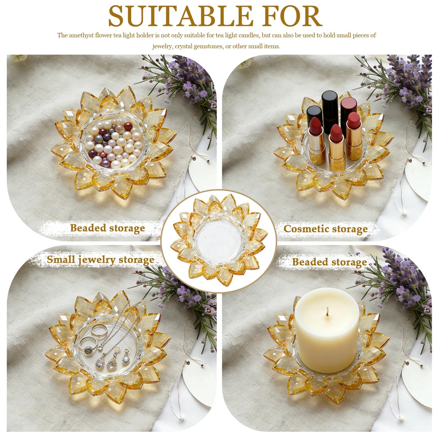 Crystal Flower Jewelry Tray, Luxury Transparent Decorative Trinket Dish for Rings, Earrings, Necklaces, Keys for Vanity Dresser Nightstand, Elegant Gift for Women Mother's Day (1, 6.3"(W)- Gold)