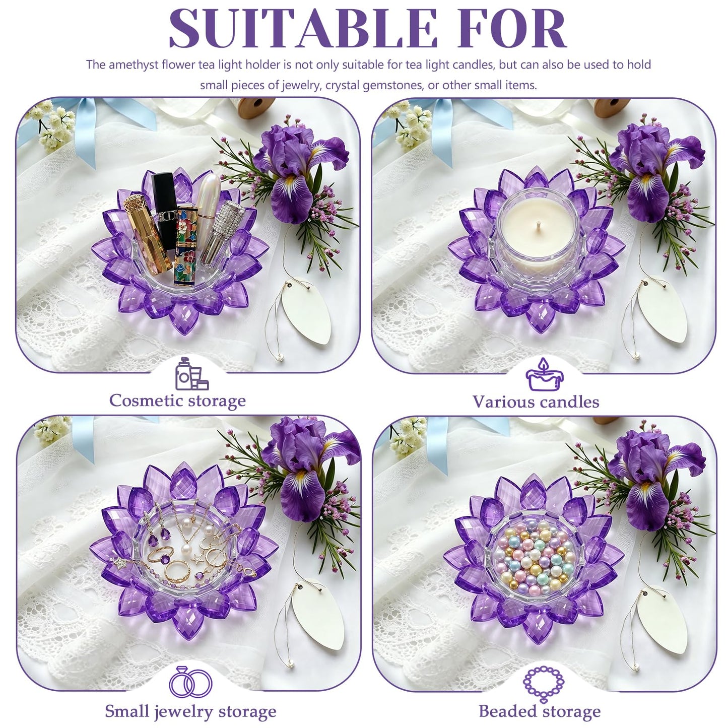 Large Crystal Lotus Tealight Candle Holder for Up to 6" Diameter Pillar Candle Plate Candlestick,Chunky Glass Votive Stand for Wedding, Party, Table Centerpiece Decor and Yoga Meditation (1, Purple)