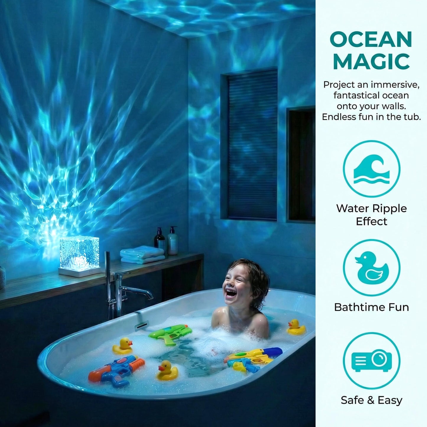 rerekiki Waterproof Shower Light for Inside Bathroom, Rechargeable Cube Shape Kids Shower Lamp, RGBW 13 Color Changing Bathtub Lamp with Remote Ocean Wave Projector Mood Night Lighting