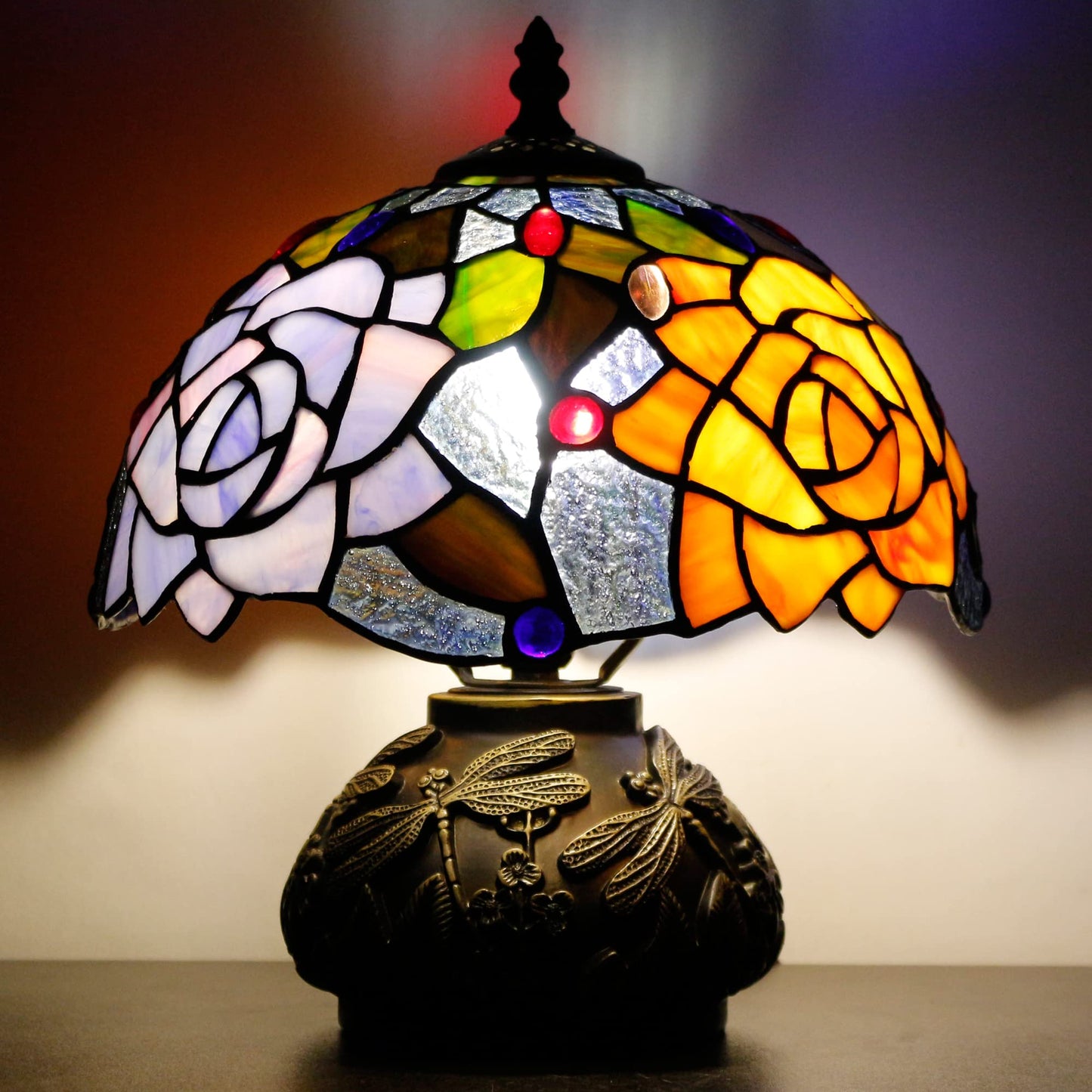 SYETL Small Tiffany Table Lamp Yellow Purple Rose Style Stained Glass Desk Lamp 10X11.5 Inch Mushroom Table Light for Office Home Living Room Bedroom