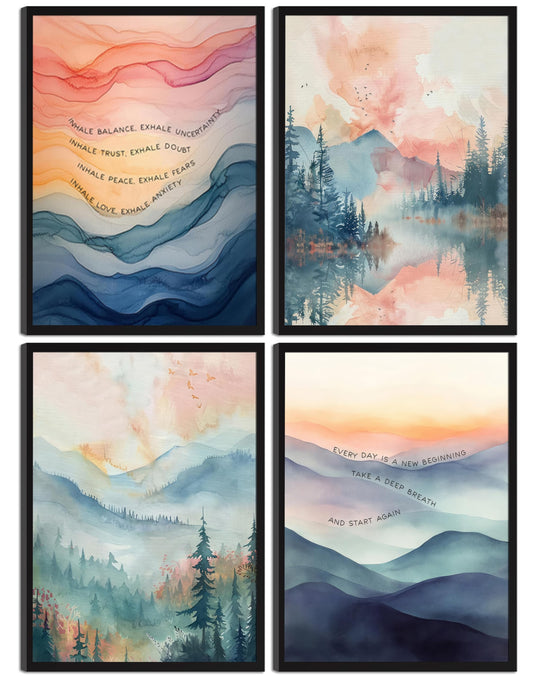 4pcs Mental Health Inhale Exhale Meditation Wall Art Abstract Watercolor Painting Picture Wall Decor Therapy Office Pictures Poster Print Artwork for Meditation Room Calming Corner Decoration Unframed