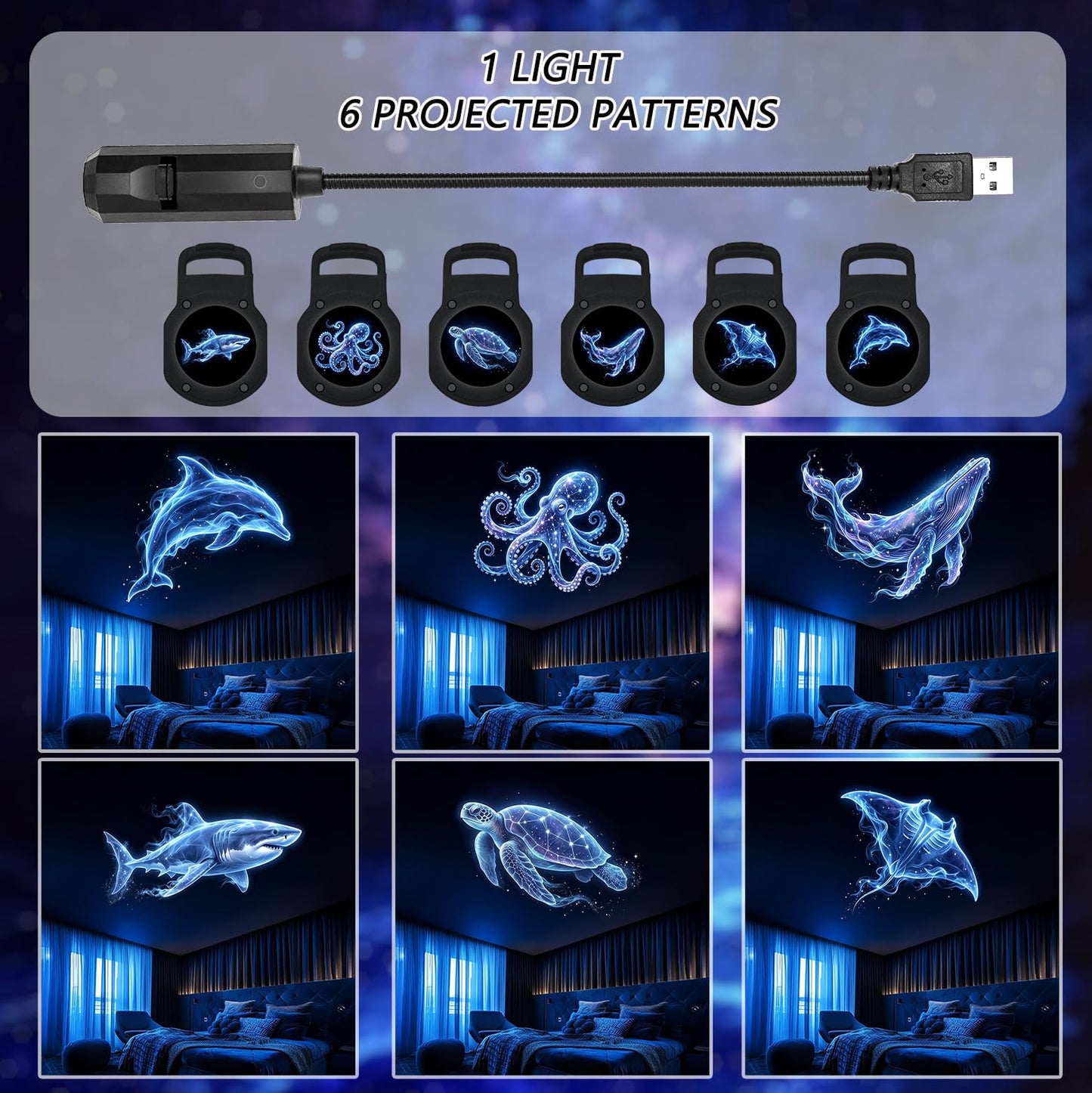 Marine Life Projection Light, Featuring Sharks, Whales, Turtles, Dolphins, and Various Other Patterns, Creating a Dreamy Ocean Atmosphere, Suitable for Use as a Bedroom Ceiling Decorative Night Light