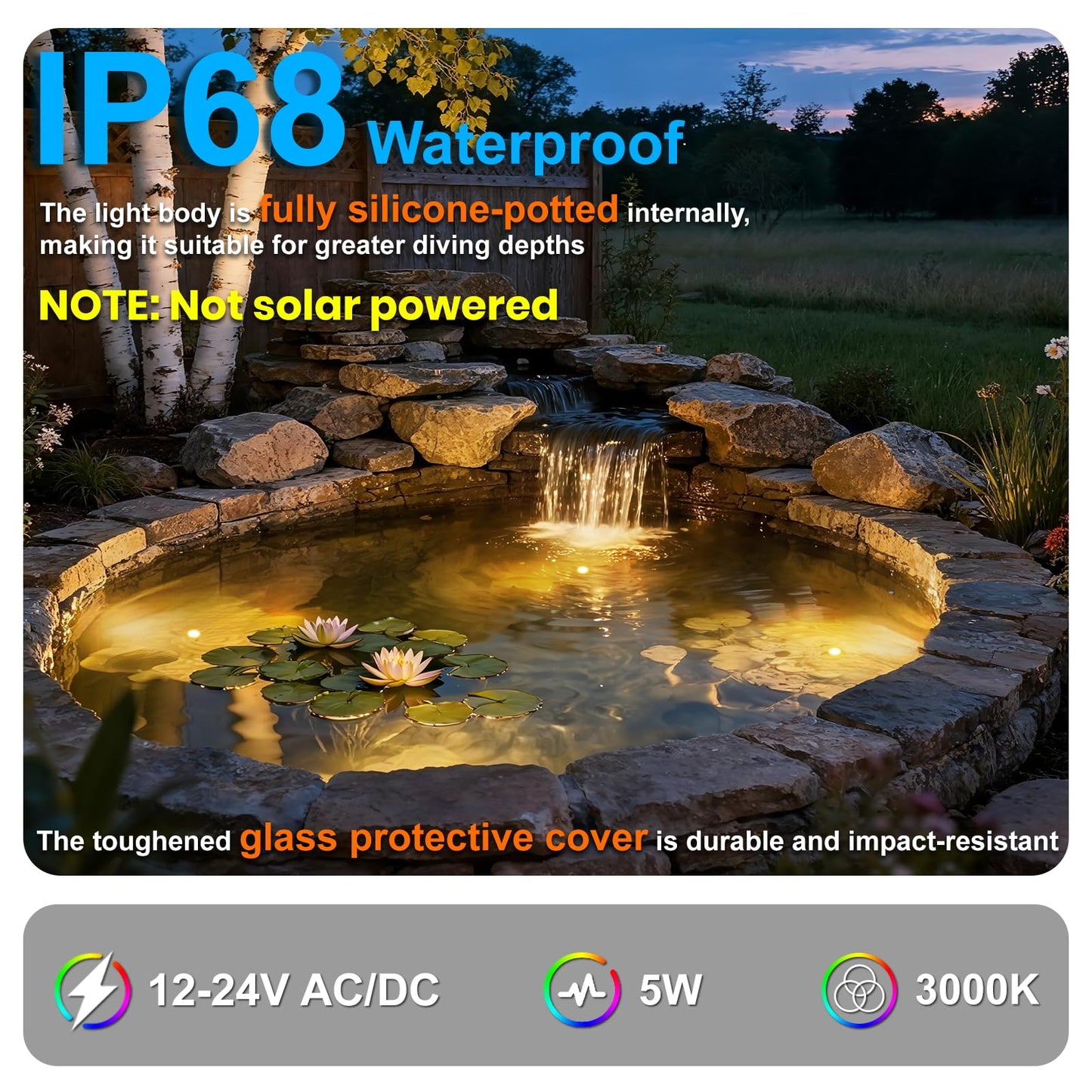 ZestPatio Pond Lights LED Underwater, 3000K Warm White 5W 12V-24V AC/DC Wired Submersible LED Spot Lights for Pond Fountain Waterfall Pool Aquascape, 45 Degree Angle, IP68, Stainless Steel, 6PK