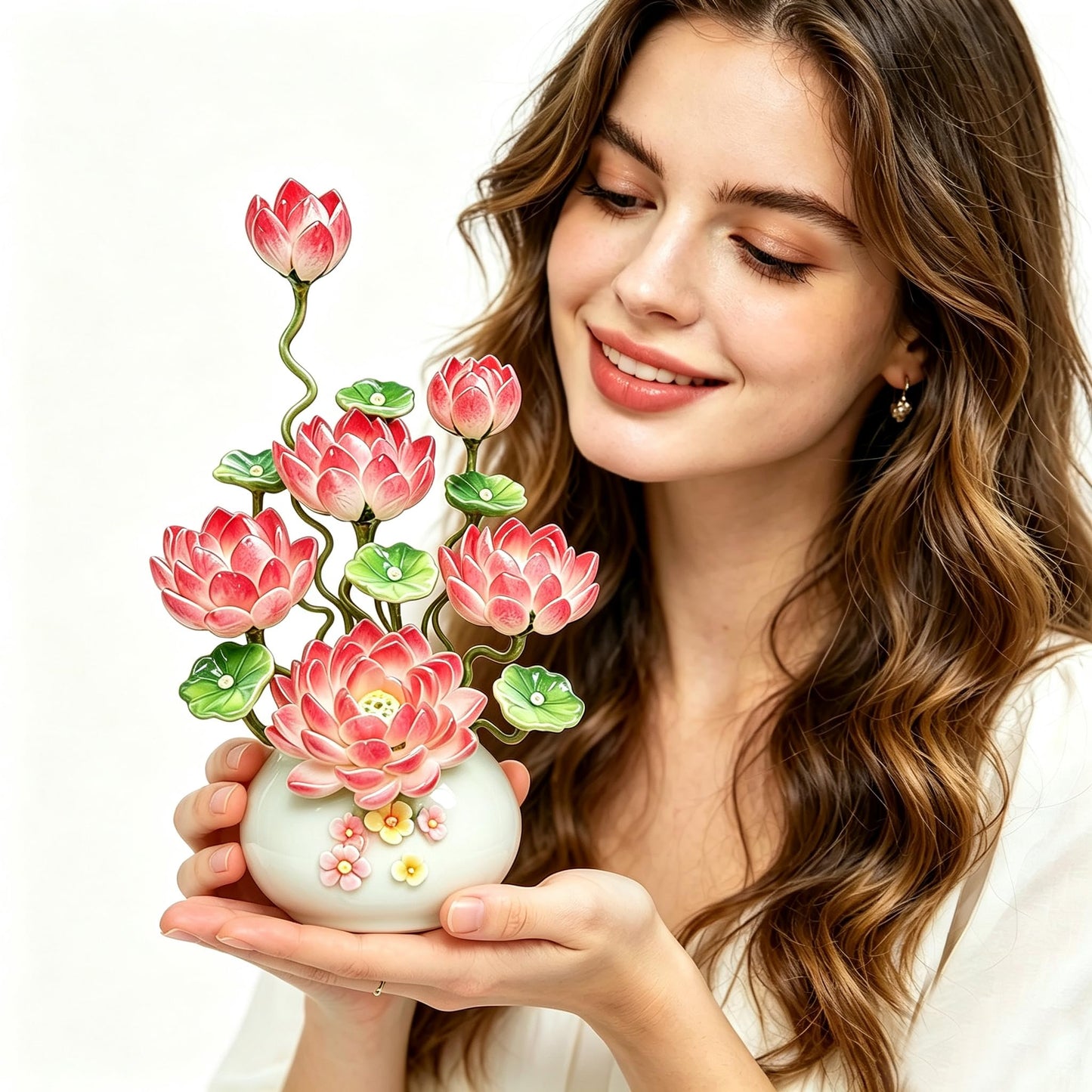 Handmade Art Glass Lotus Flower Arrangement in Vase, Blue Glass Floral Sculpture, Elegant Home Decor Accent, Decorative Centerpiece Gift for Mom, Women, Housewarming (Rose Pink)