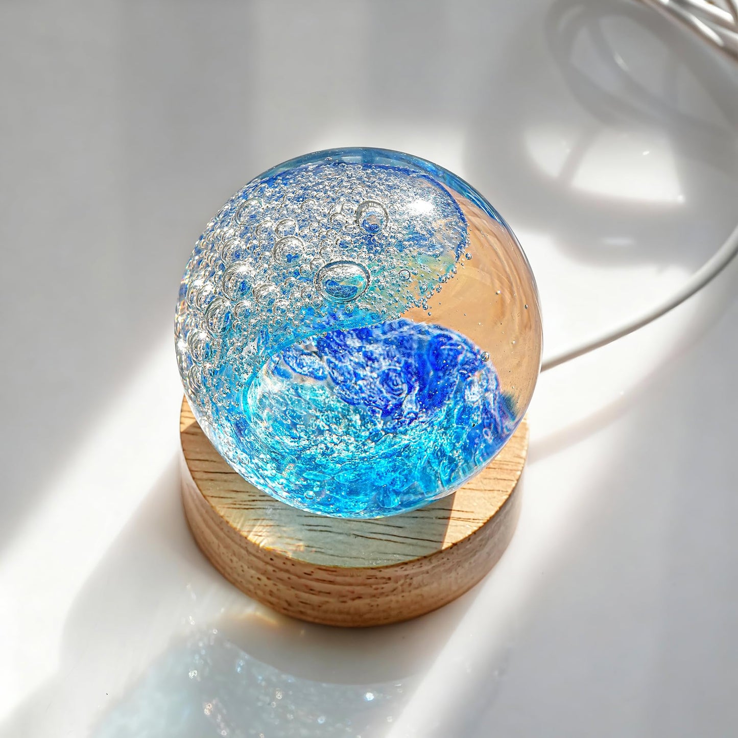 LOULIQIGIFT Hand Blown Glass Ocean Waves Ball 2.36in Crystal Ball with Wooden Light Base Sea Glass Art Beach Decor for Home Office Gifts for Ocean Lovers