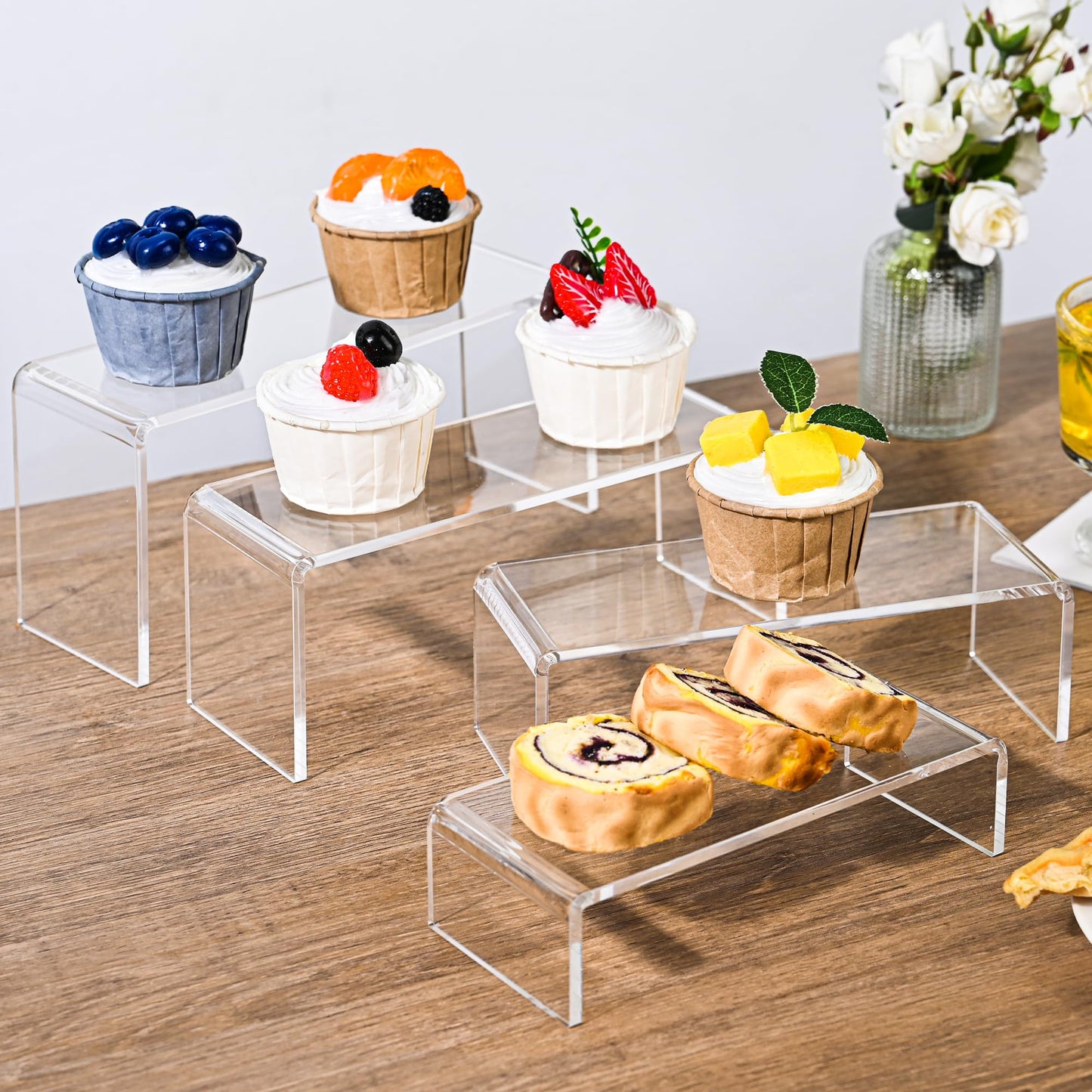 Jialaraq 2 Set Large Acrylic Display Risers,8 Pcs Clear Perfume Stand Organizer,Desktop Display Shelves Collect Pop Figures Toys Cupcake Dessert for Decor,Food Display Shelves for Party
