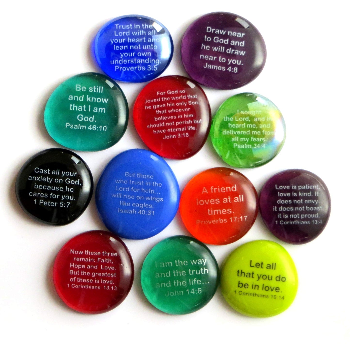 Lifeforce Glass Scripture Glass Stones, 12 of Your Favorite Inspiring Bible Verses on Translucent and Opaque Rocks, Set II.
