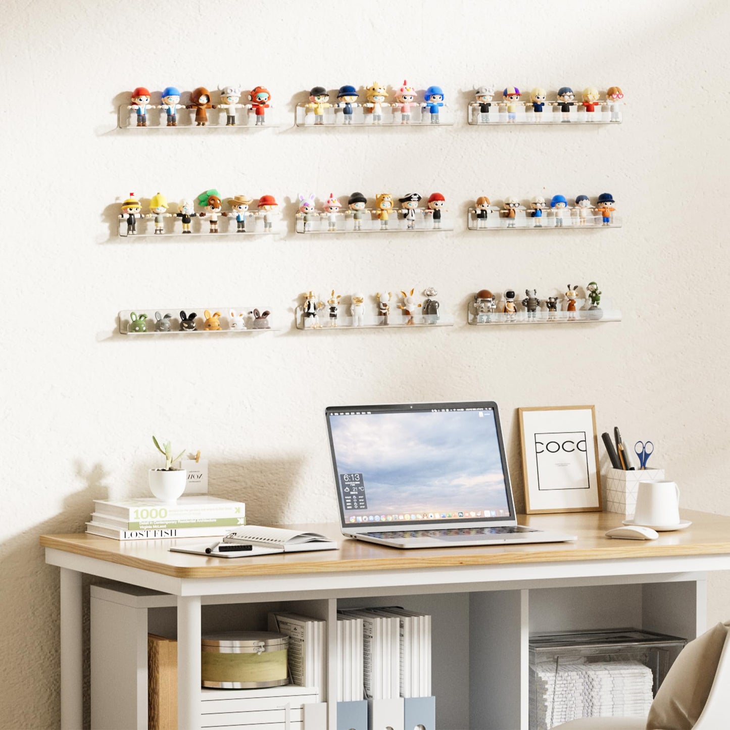 upsimples 6 Pack Narrow Clear Acrylic Shelves, 12" x 1.7" Small Wall Shelf for Nail Polish, Vinyl Wall Mount, Record Holder, Magazine Rack, Comic Display, Picture Ledge Shelf