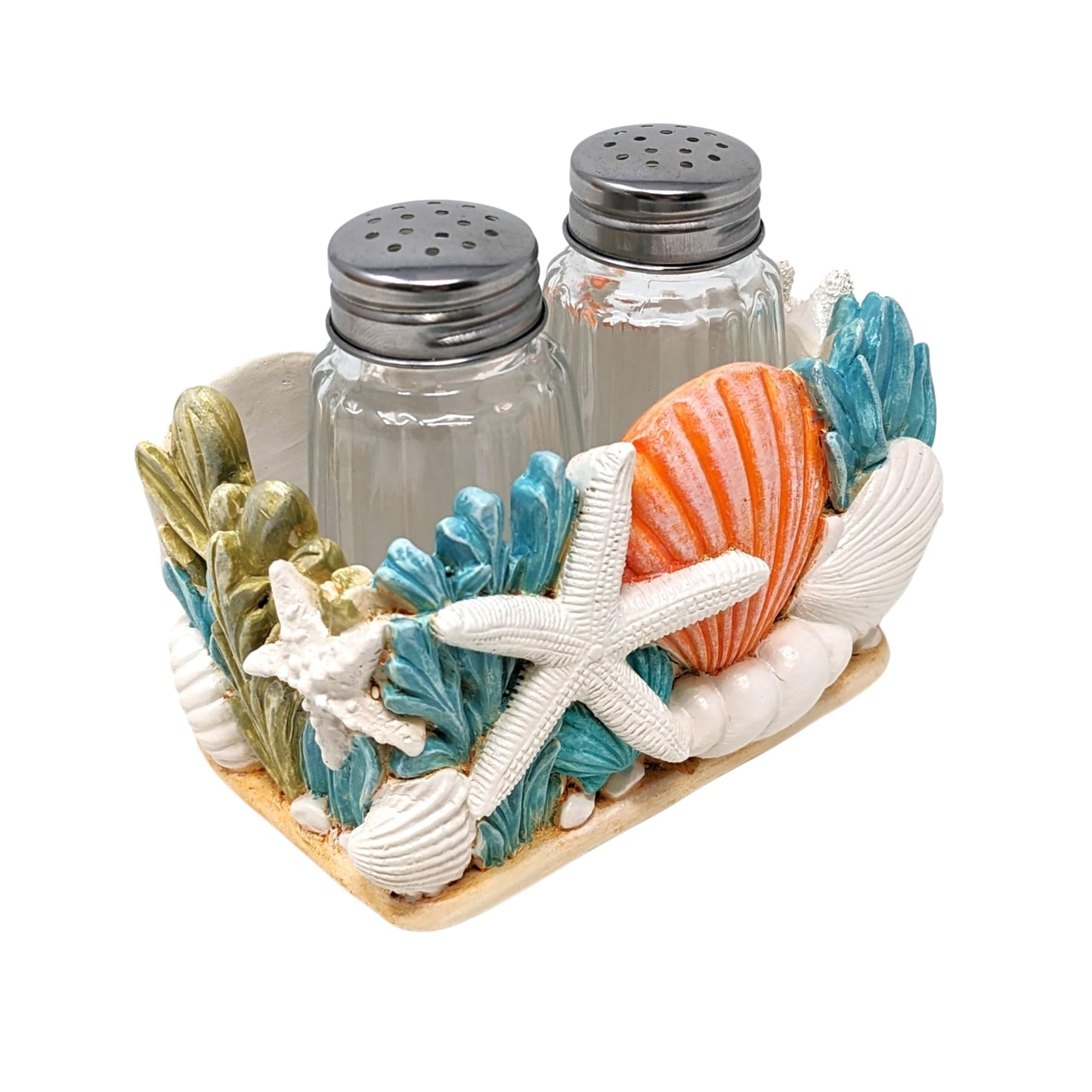 Seaside Splendor Salt and Pepper Shakers Set – Coastal Beach-Themed 3D Resin Design with Seashells & Starfish, Nautical Decor for Kitchens, Dining Rooms, and Beach Houses, Includes 2 Bottles