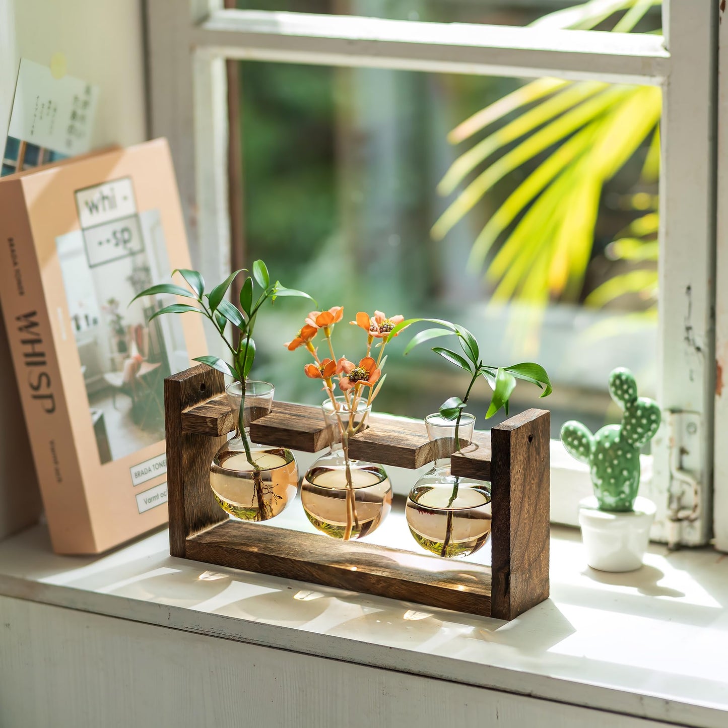 Walasis Plant Propagation Station with Wood Stand - Farmhouse Wood Wall Decor - Gift for Women Plant Lovers (Gradient Brown)
