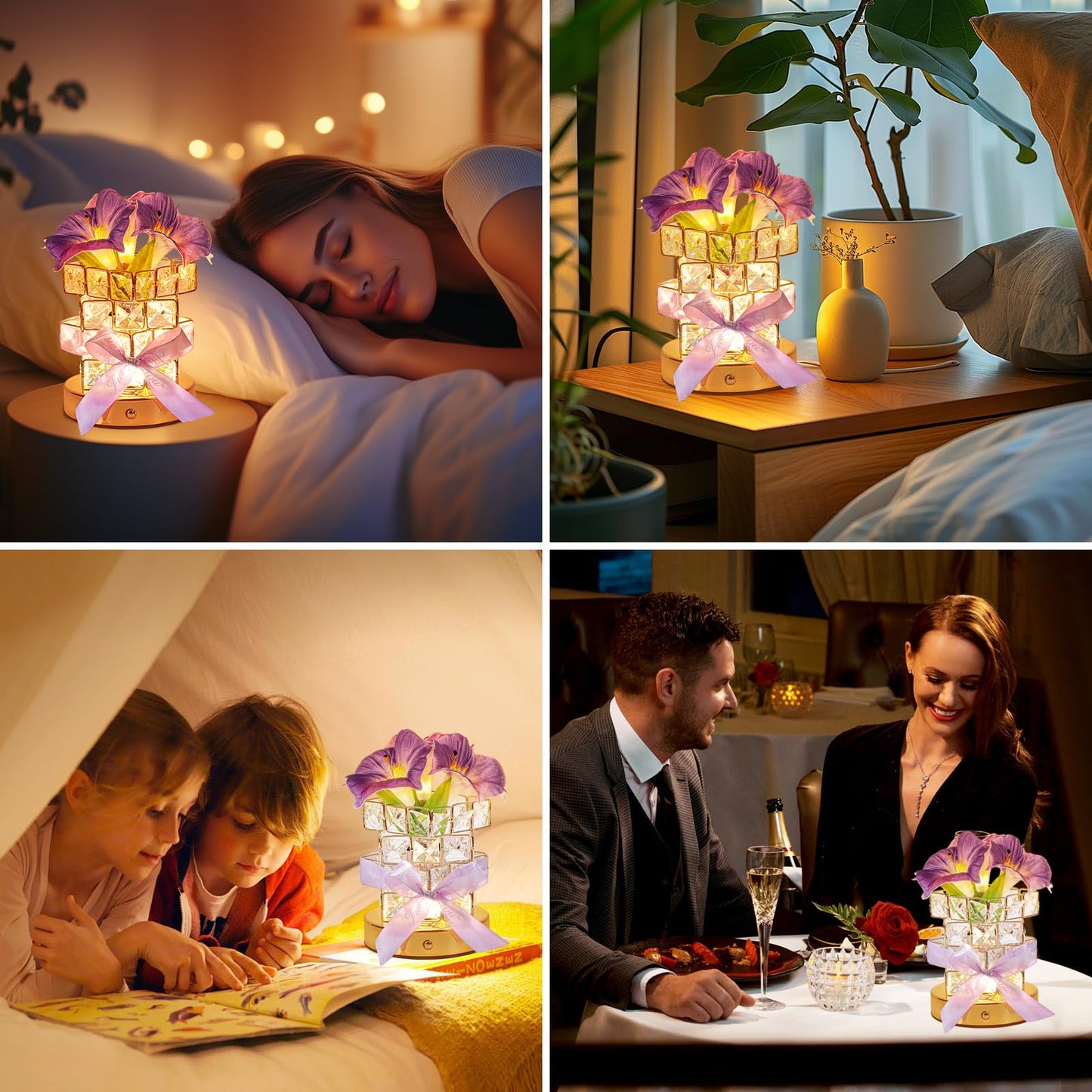 Purple Morning Glory Flower Table Lamp, Artificial Flowers Birthday Gifts for Women Mom Grandma Sister, Rechargeable Battery Powered Cordless Touch Crystal Night Light, Kitchen Bedroom Office Decor
