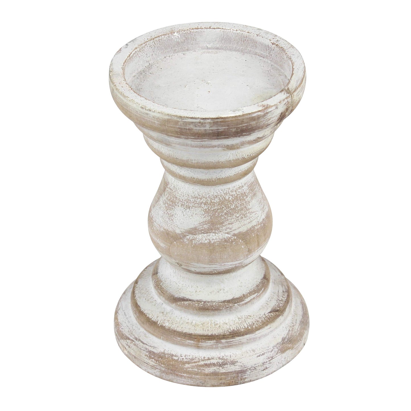 Stonebriar Antique White Wooden Pillar Candle Holders, Vintage Seaside Stand for Table Top, Medium and Small