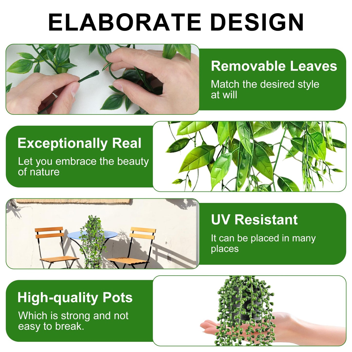 USLAI Artificial Hanging Plants Vine, Fake Potted Greenery Faux Eucalyptus, Mandala, String of Pearls, Pea Pod Leaves in Pot for Office Living Room Bathroom Indoor Outdoor Décor (4 Pack)