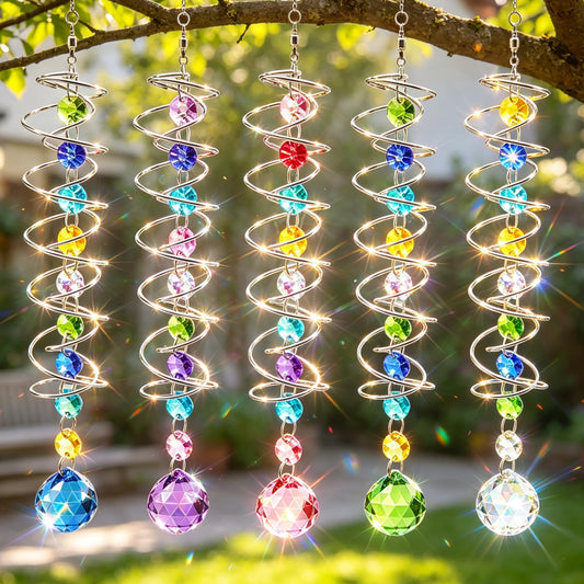 Anxingo 5 Pack Multicolor Crystal Sun Catchers for Windows, Hanging Spiral Tail Wind Spinners with Gazing Balls for Indoor Outdoor Home and Garden Decor