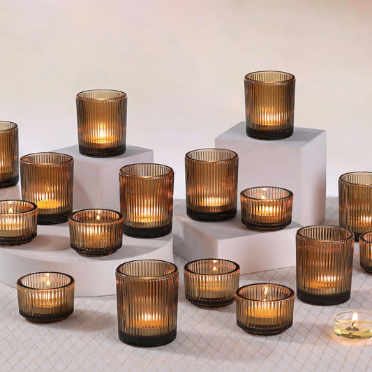 NITIME 10pcs Ribbed Amber Votive Candle Holders, Assorted Glass Tea Light Candle Holders for Fall Decor, Amber Candle Holders for Wedding Centerpieces, Thankgiving and Christmas Decorations