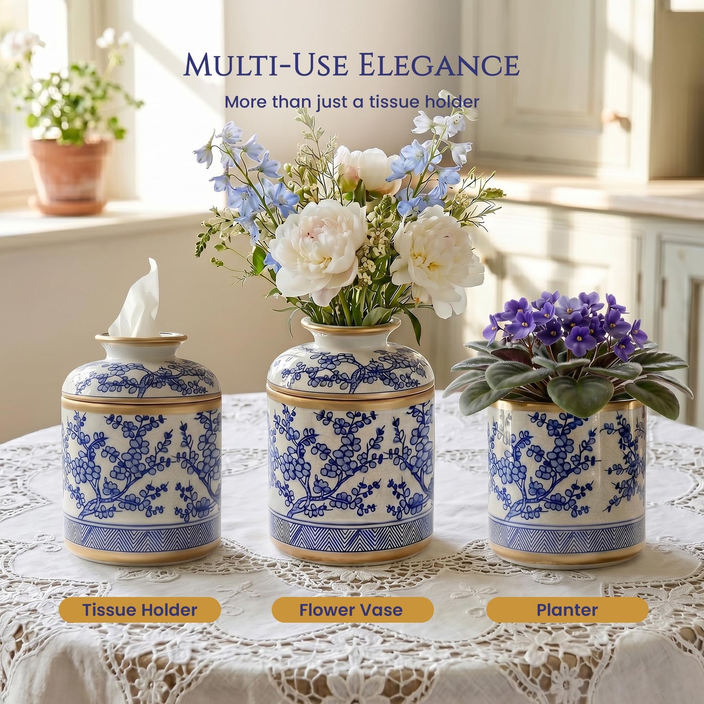 Tissue Vessel Round Ceramic with Lid - Handmade Blue and White Chinoiserie Ceramic Tissue Holder for Bathroom – Chinoiserie Decor Accent for Living Room, Bedroom, Office - Blue and White Porcelain