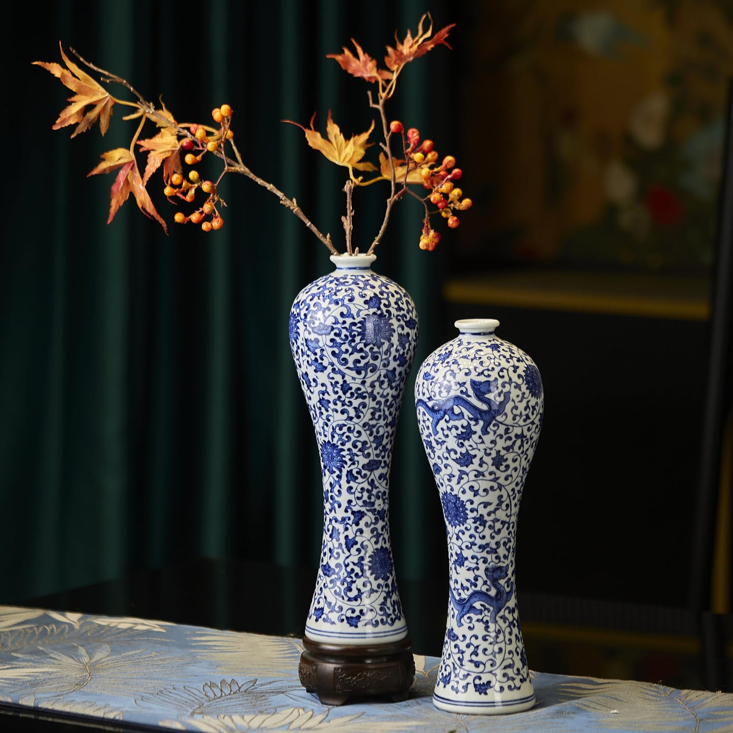 12.6" Blue and White Patterned Flower Vase Antique Ceramic Vases Ginger Jar Home Decoration, Dining Table Centerpiece, Living Room, Bookshelf, Olive Plant, Entryway, Mantle Fireplace Decor (Style 2)