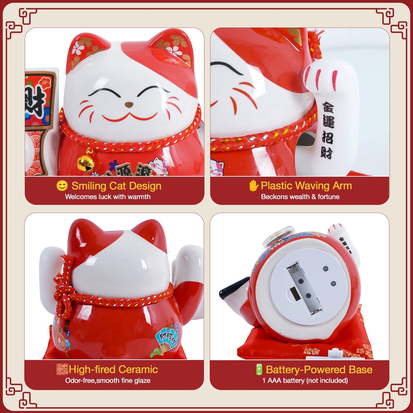 TopFato Lucky Cat Waving Arm 5 Inch Battery Operated, Good Lucky Fortune Cat Maneki Neko Chinese Cat Statue Moving Arm, Waving Cat Decorations for Home,Office, Shop,Desk, Car, Business Openings