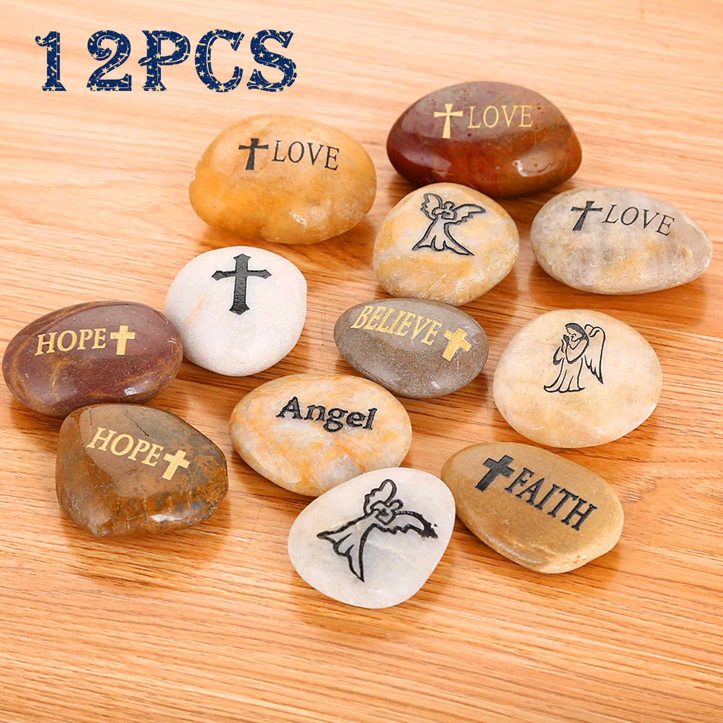 12PCS RockIpact Engraved Guardian Angel Stones Hope Love Faith Believe Inspiration Worry Healing Stones Novelty Serenity Prayer Rock, Pocket Sized Shiny Pebbles (Set of 12, Bulk Lot)