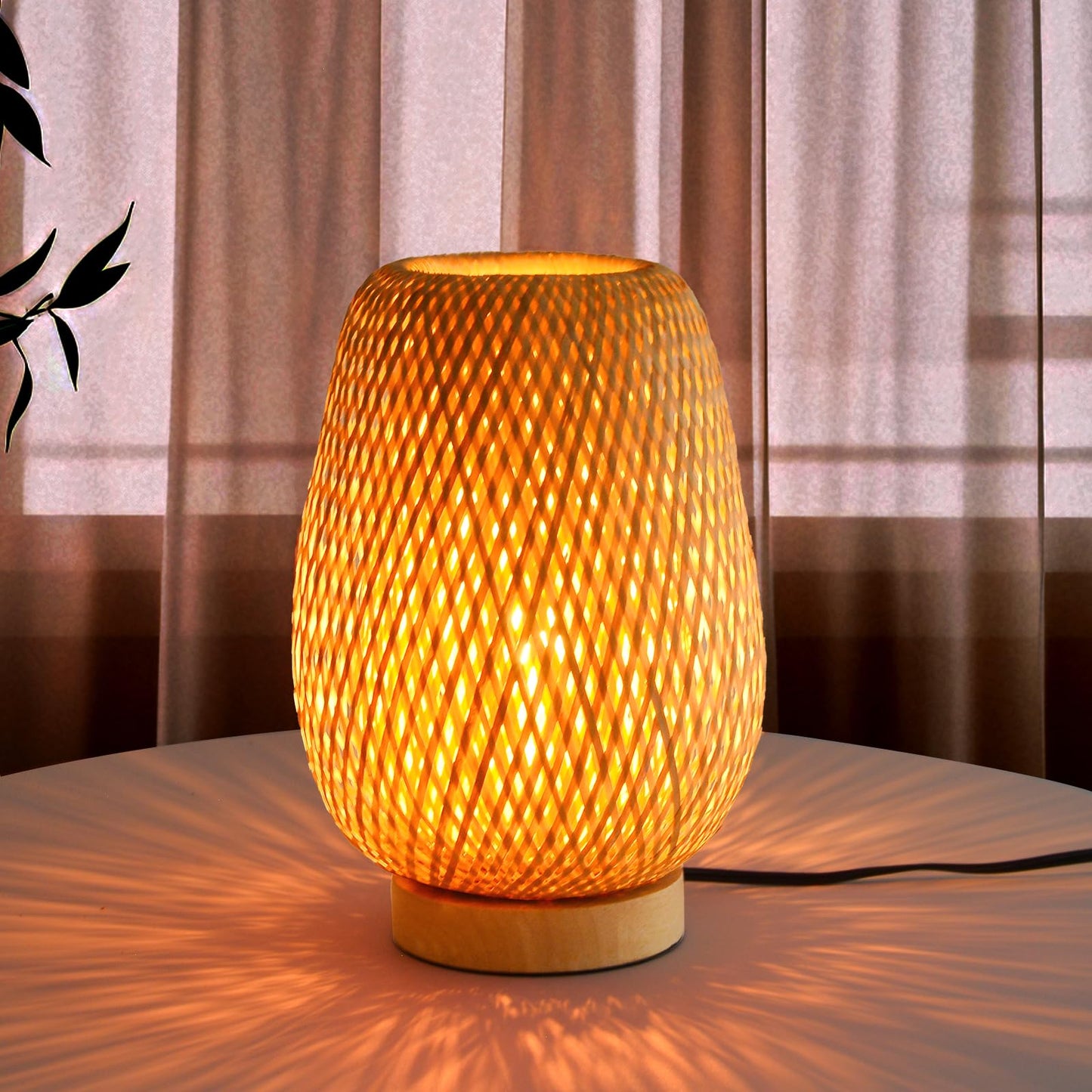 Hodevimall Boho Rattan Table Lamp, Stepless Dimmable Small Beside Lamp, Vintage Nature Wicker Wooden Nightstand Boho Bamboo Woven End Table Lamps for Bedroom Living Room Desk Kids Room