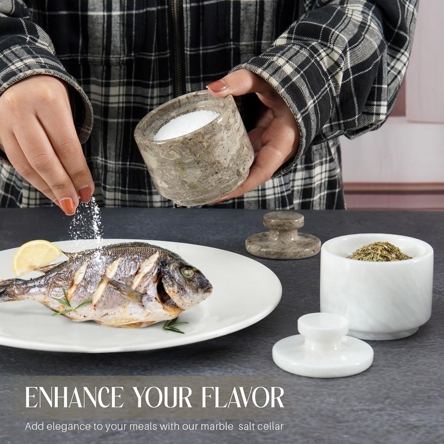 MARBLOUS KRAFTS Marble Salt Cellar with Lid 3" White and Oceanic Celtic Salt & Pepper Containers, Perfect for Home & Kitchen Countertop, Salt Dish & Sugar Bowls for Table Decor, Gift for Mom
