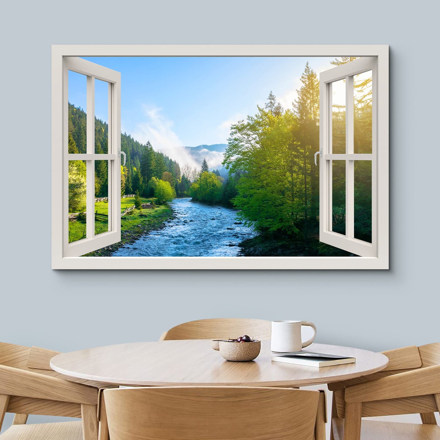 wall26 Canvas Print Wall Art Window View River Rapids Bright Green Forest Trees Wilderness Nature Photography Realism Scenic Landscape Colorful Multicolor for Living Room, Bedroom, Office - 24"x36"