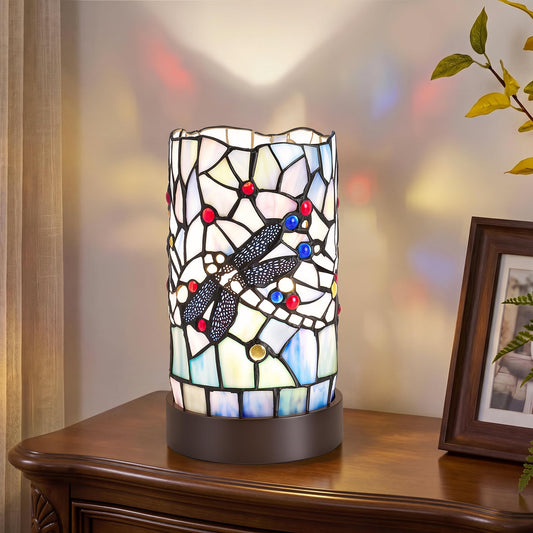 Rynxphera Tiffany Table Lamp, Blue Dragonfly Small Stained Glass Style Lamp