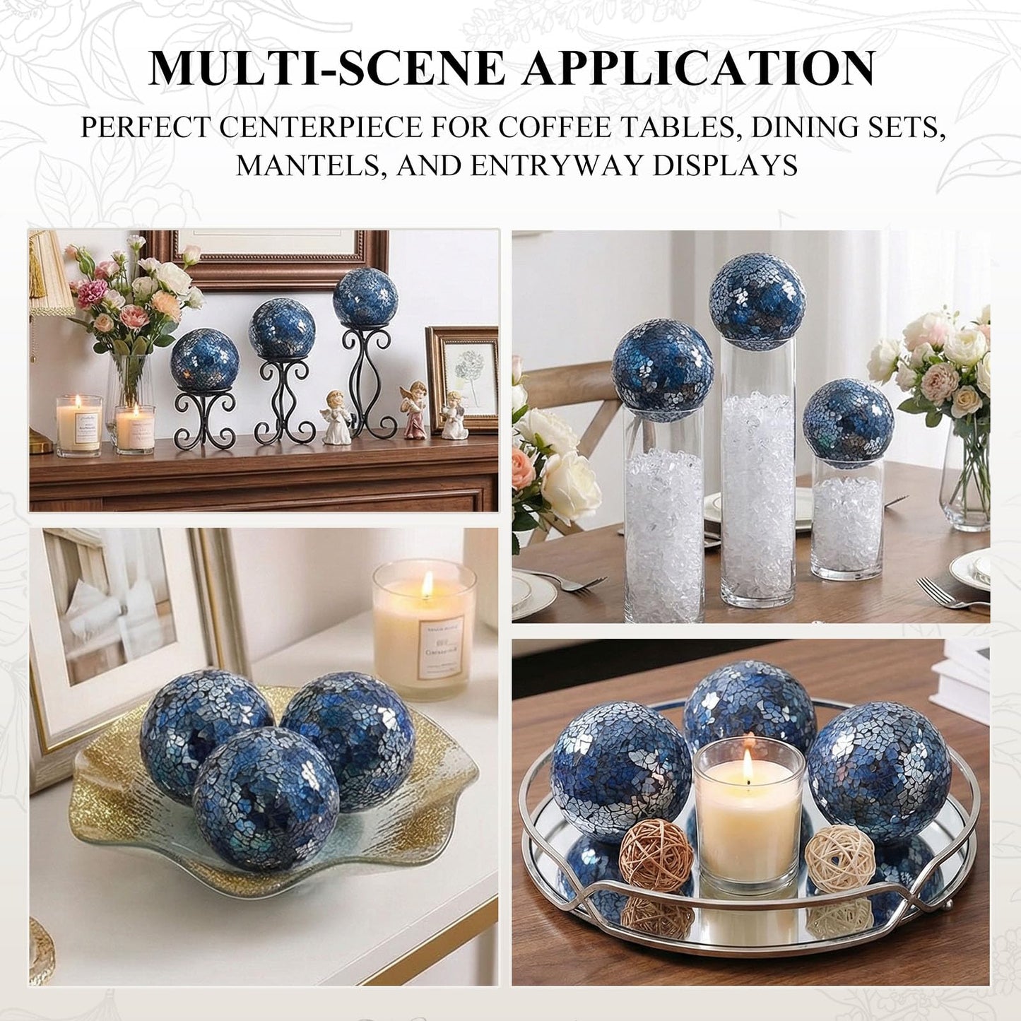 DomeStar 3PCS Decorative Balls, Mosaic Glass Orbs Centerpiece Balls 4inch Dark Blue Orbs for Decorate Bowls Vases Tables Wedding Party