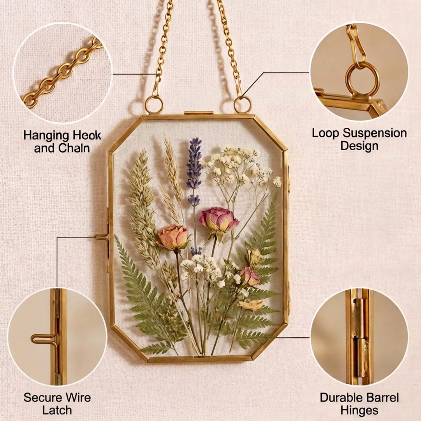 OINETRK 12 Pcs Brass Glass Frame for Pressed Flowers with Chain Clear Double Glass Floating Artwork Display Frame for Photo Gifts Wall Decor with Dried Plant Leaf, 6 Shapes