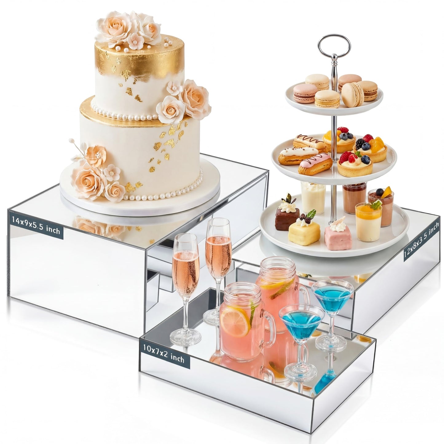 BrightRow 3 Pack Extra Large Acrylic Risers - 14”, 12”, 10” Silver Display Stands with Hollow Bottoms, Cube Buffet Riser Boxes Nesting for Dessert Food Catering Buffet Display Party Supplies