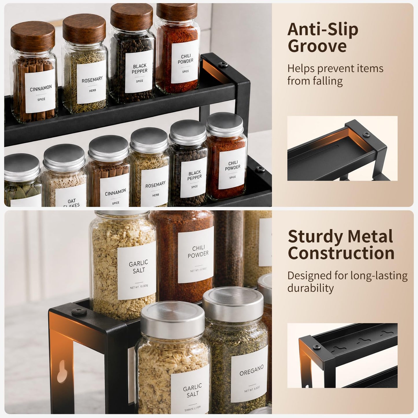 Holismo Expandable Spice Rack Organizer for Cabinet, 3-Tier Adjustable Spice Shelf 16"-29", Seasoning Organizer for Cabinet, Pantry & Countertop, Storage Rack for Jars, Bottles & Cans