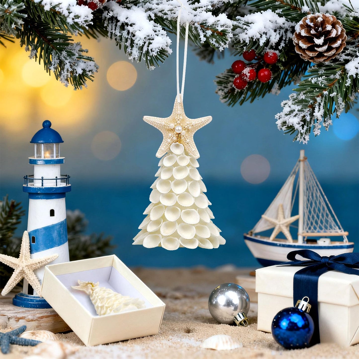 Small Seashells Christmas Tree Ornament - Handmade Natural White Sea Shells Ornament, Beach Christmas Tree for Beach Coastal Home Xmas Decor, Party Birthday Gift, Small Figurines Christmas Tree