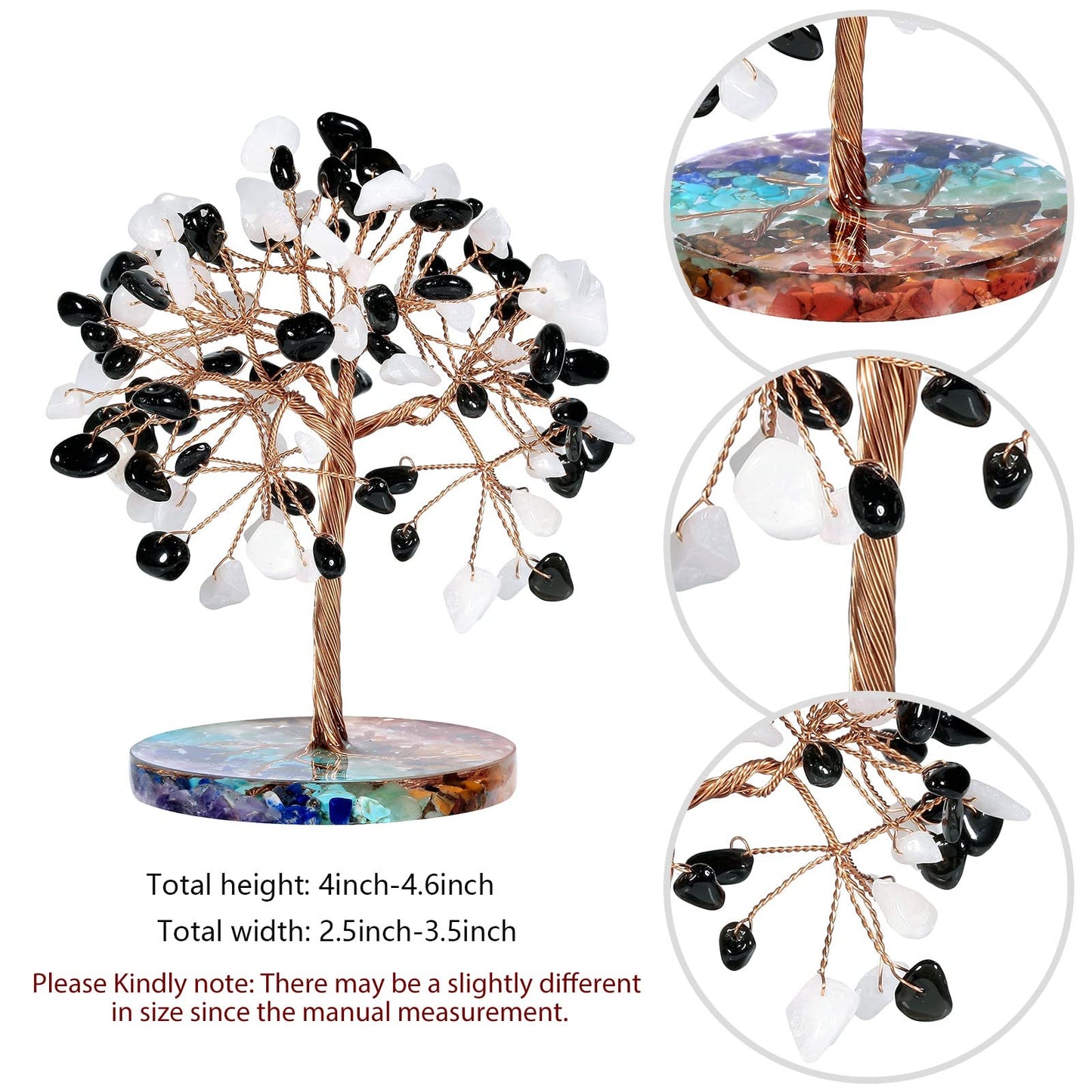 mookaitedecor Natural White Jade & Black Obsidian Crystal Money Tree with 7 Chakra Stones Resin Base Crystal Trees Feng Shui Sculpture Home Office Decoration Good Luck Gift 4-4.6 Inch