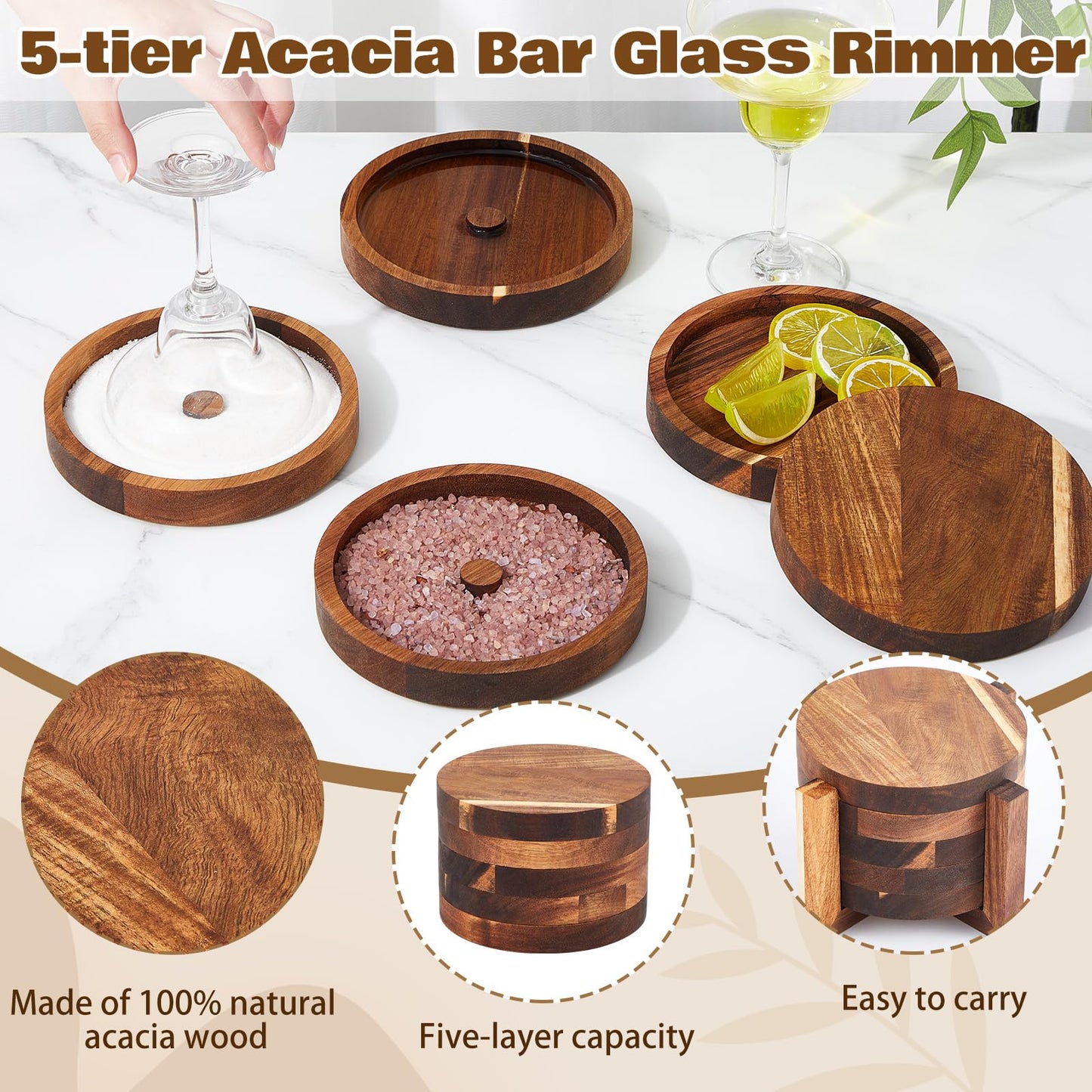 Margarita Salt Rimmer Set, 5 Tier Acacia Cocktail Glass Rimmer for Salt, Sugar & Lime, Wooden Drink Rimmers for Margaritas, Bartender Accessories, Home Bar Gifts for Cocktail Lovers