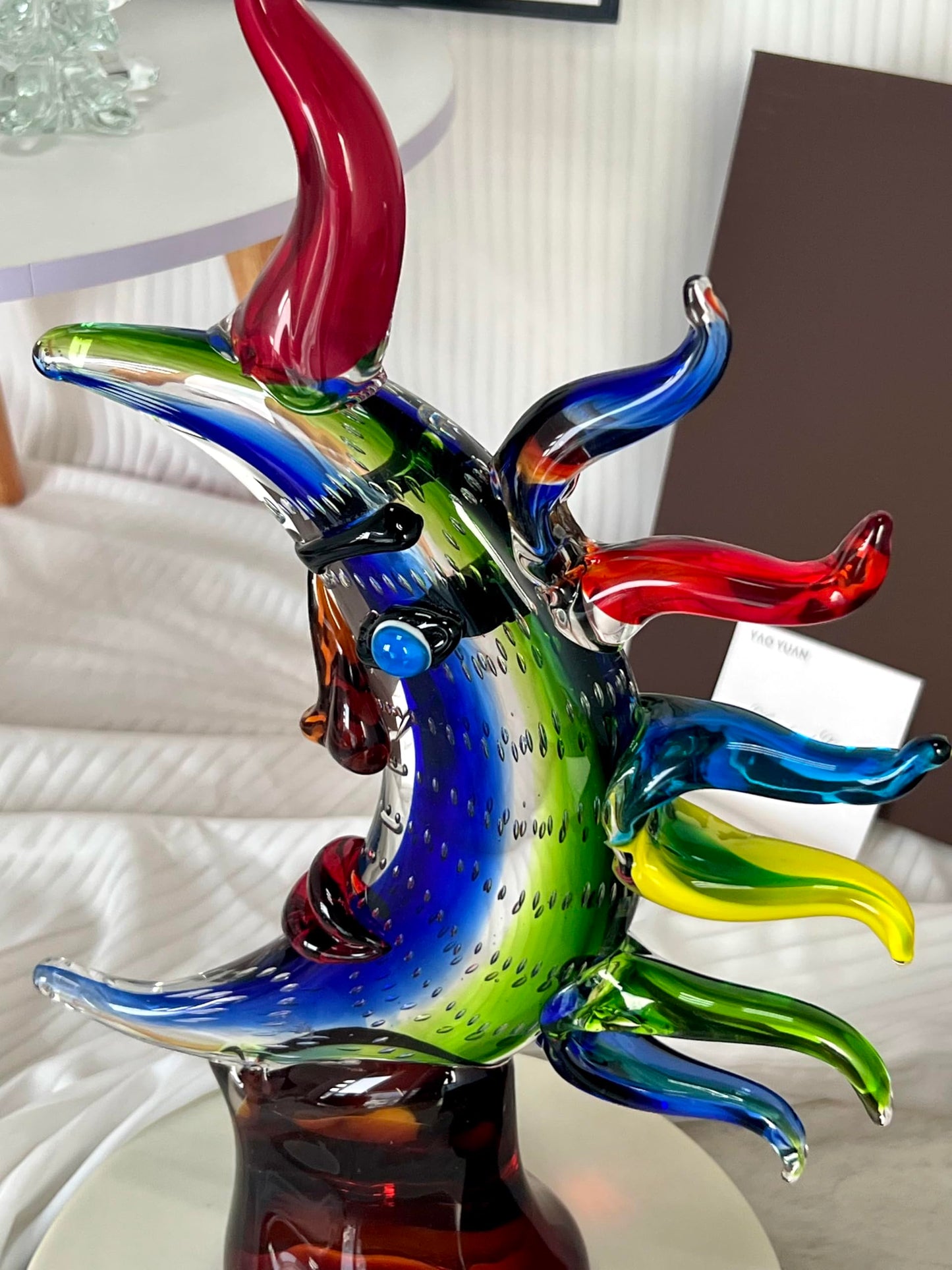 Yao Yuan Murano-Style Hand Blown Art Glass Face Sculpture - 16.93" Tall Mouth-Blown Crafts Home Office Bedroom Living Room Study Room Studio Decorations