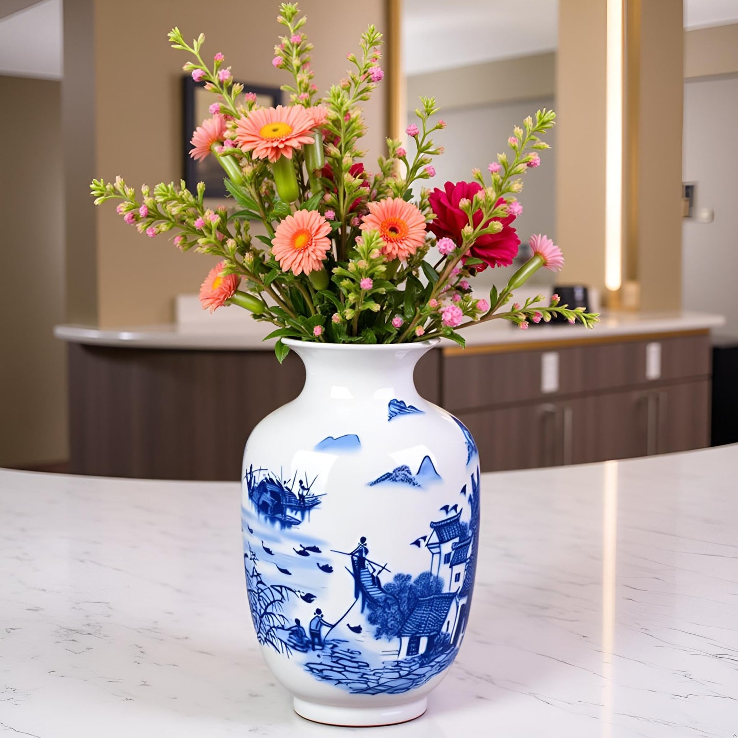 MTME Porcelain Figurines, Jingdezhen Decorative Flower vase, Home Decor, Wedding Gifts, Aesthetic Sculpture Home décor (Scenery Blue)