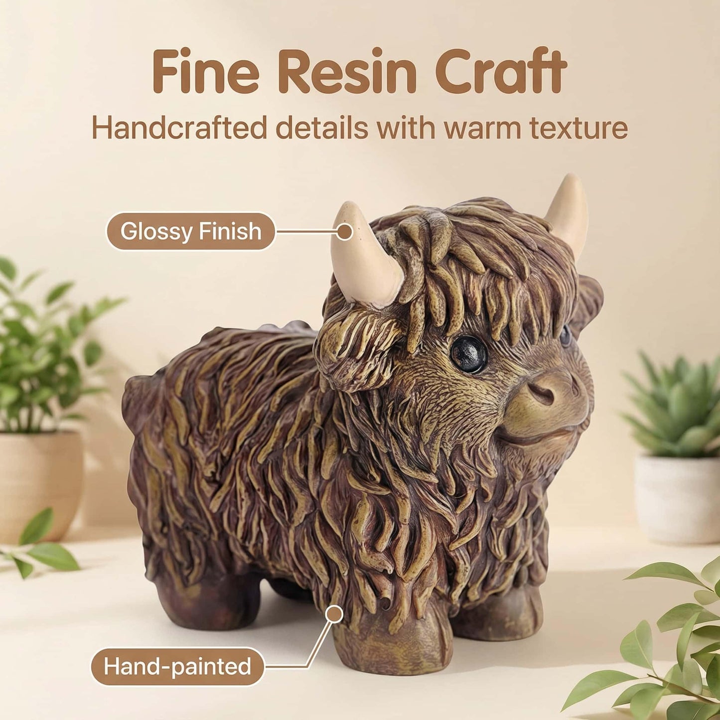 NYSCURE Nordic Cow Statue Resin Brown 4.3 Inch Highland Cow Figurine Scottish Calf Statues, Desk Bookshelf Decor Gardens Office Tiered Trays Living Room Ornament Gifts